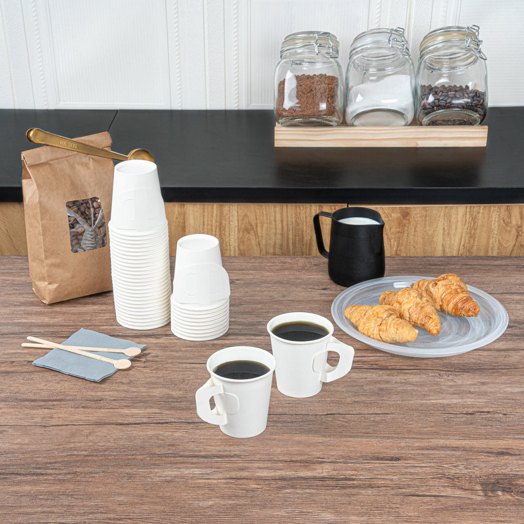Restpresso 7 oz White Paper Coffee Cup - with Handle, Single Wall - 2 3/4" x 2 3/4" x 3" - 100 count box