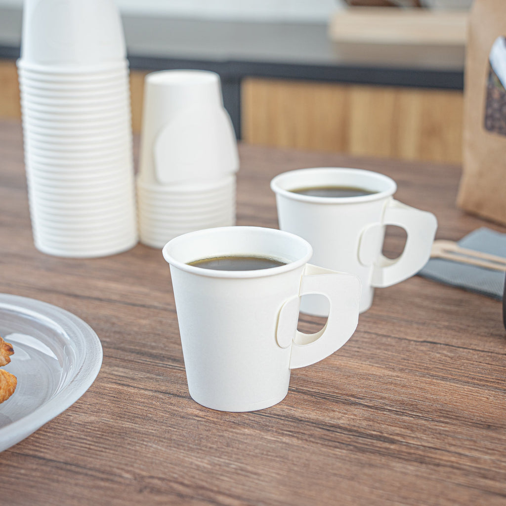 Restpresso 7 oz White Paper Coffee Cup - with Handle, Single Wall - 2 3/4" x 2 3/4" x 3" - 1000 count box