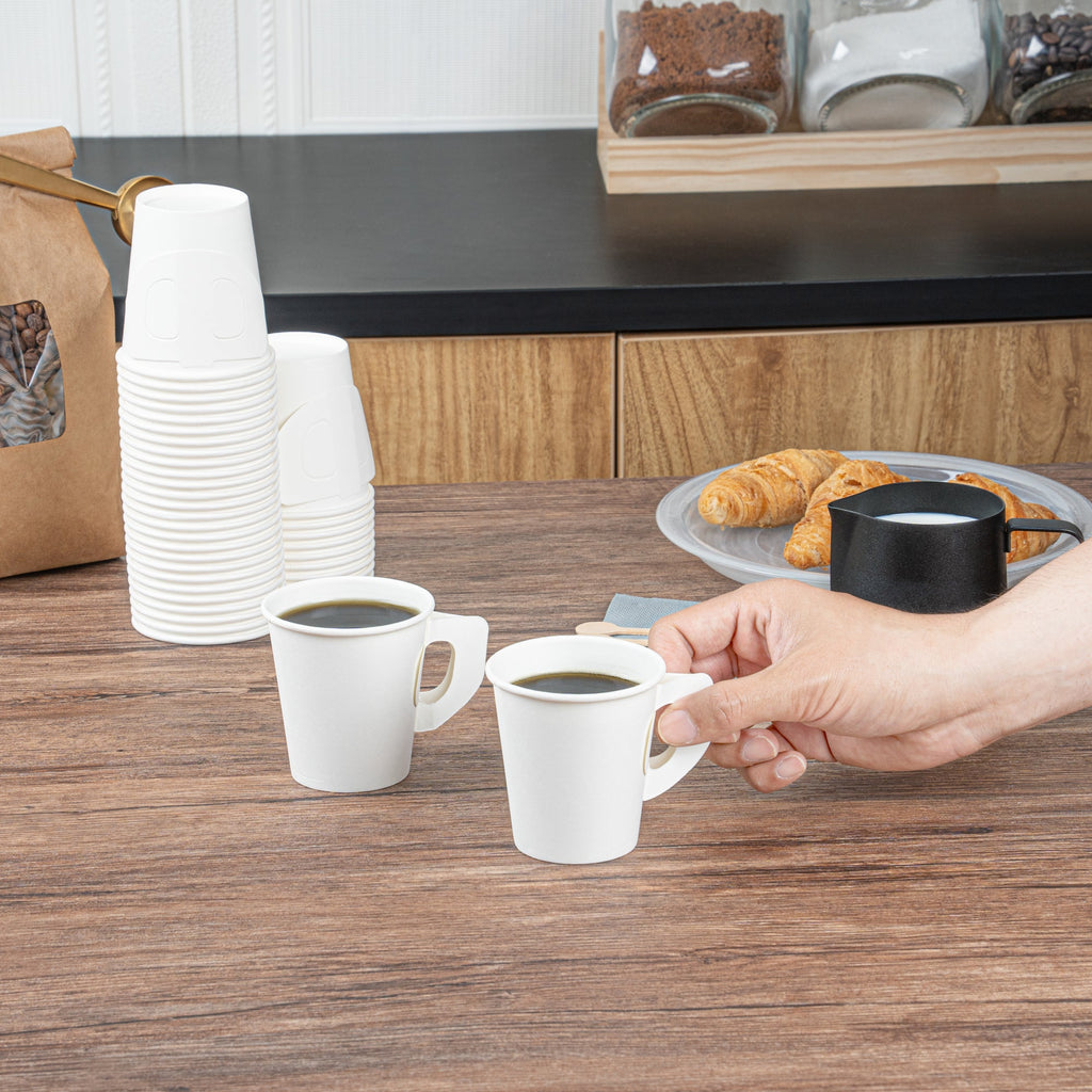 Restpresso 7 oz White Paper Coffee Cup - with Handle, Single Wall - 2 3/4" x 2 3/4" x 3" - 1000 count box