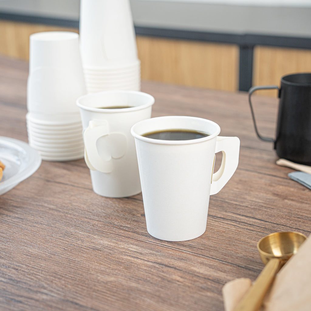 Restpresso 9 oz White Paper Coffee Cup - with Handle, Single Wall - 3" x 3" x 3 1/2" - 100 count box