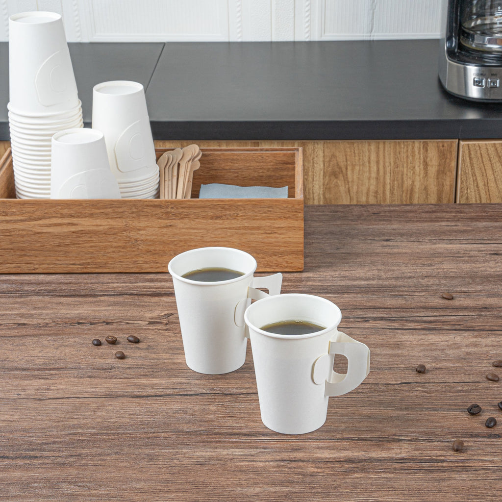Restpresso 9 oz White Paper Coffee Cup - with Handle, Single Wall - 3" x 3" x 3 1/2" - 100 count box