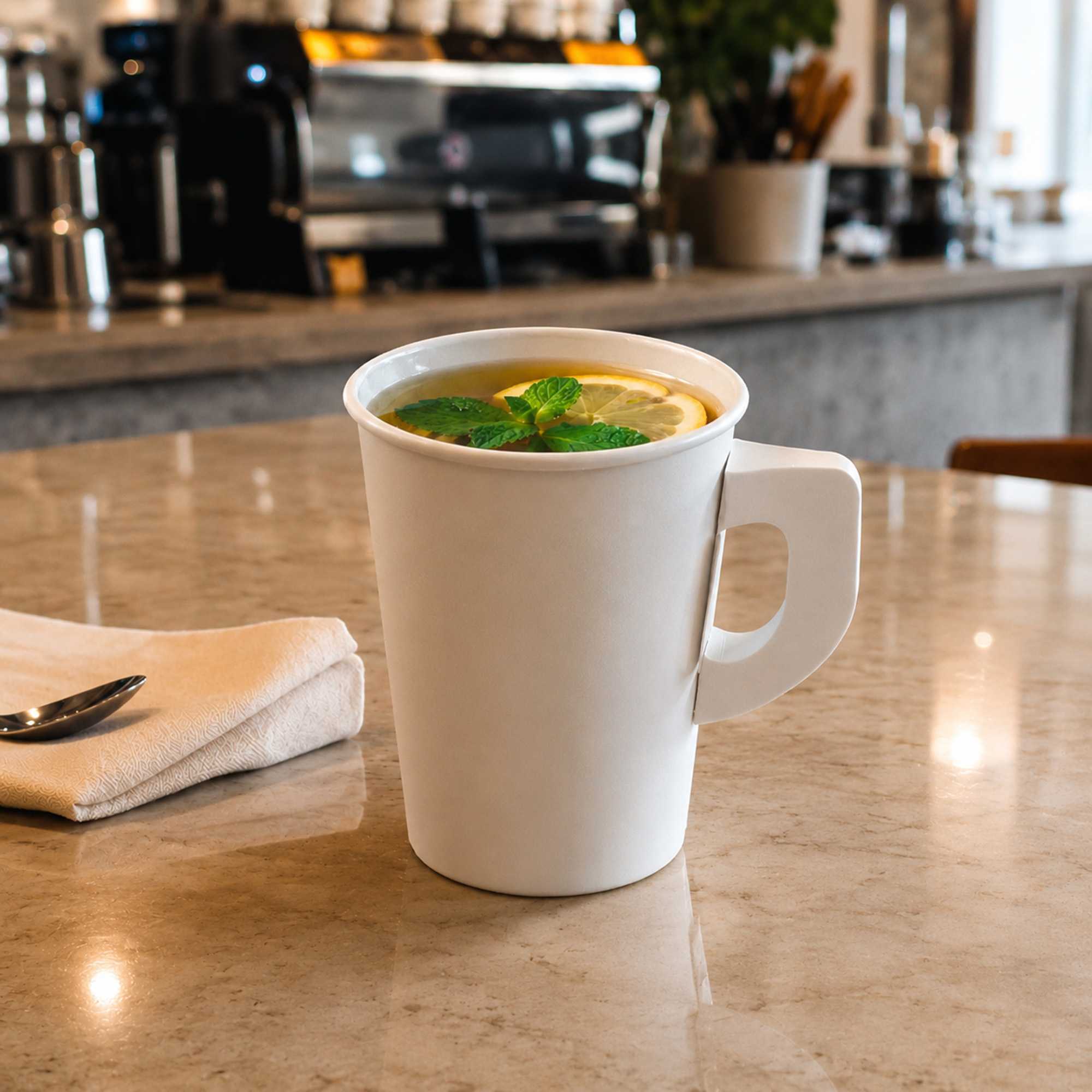 Restpresso 9 oz White Paper Coffee Cup - with Handle, Single Wall - 3" x 3" x 3 1/2" - 1000 count box