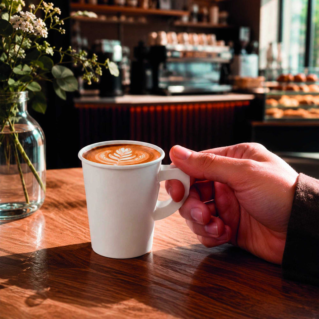 Restpresso 9 oz White Paper Coffee Cup - with Handle, Single Wall - 3" x 3" x 3 1/2" - 1000 count box