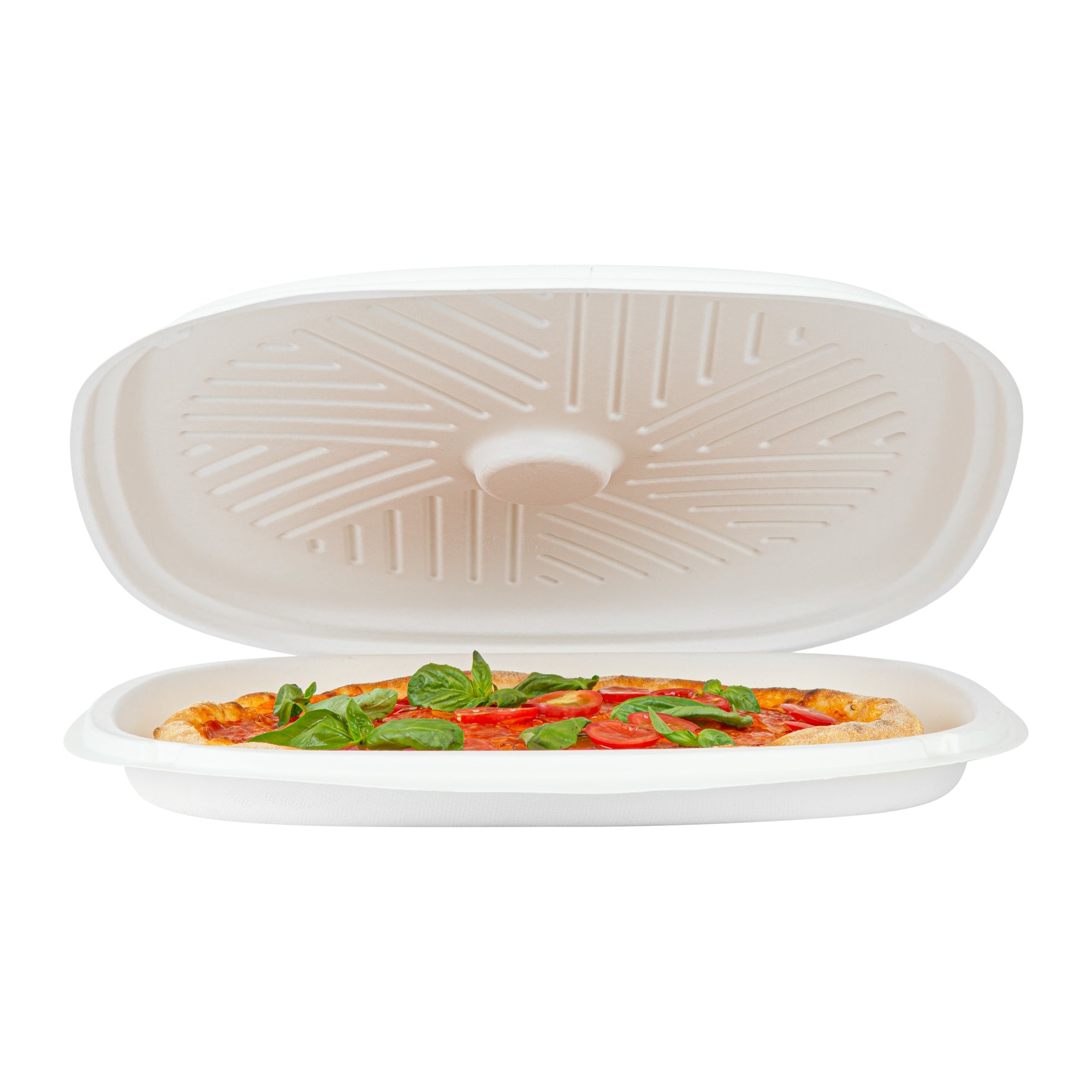 Pulp Safe No PFAS Added White Sugarcane / Bagasse Pizza Box - 13 3/4" x 13 3/4" x 1" - 25 count box