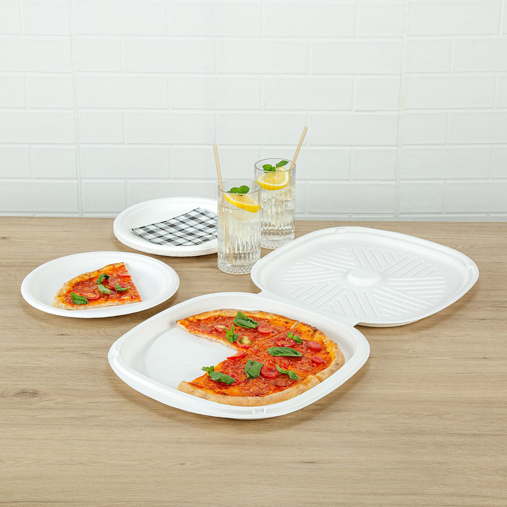 Pulp Safe No PFAS Added White Sugarcane / Bagasse Pizza Box - 13 3/4" x 13 3/4" x 1" - 50 count box