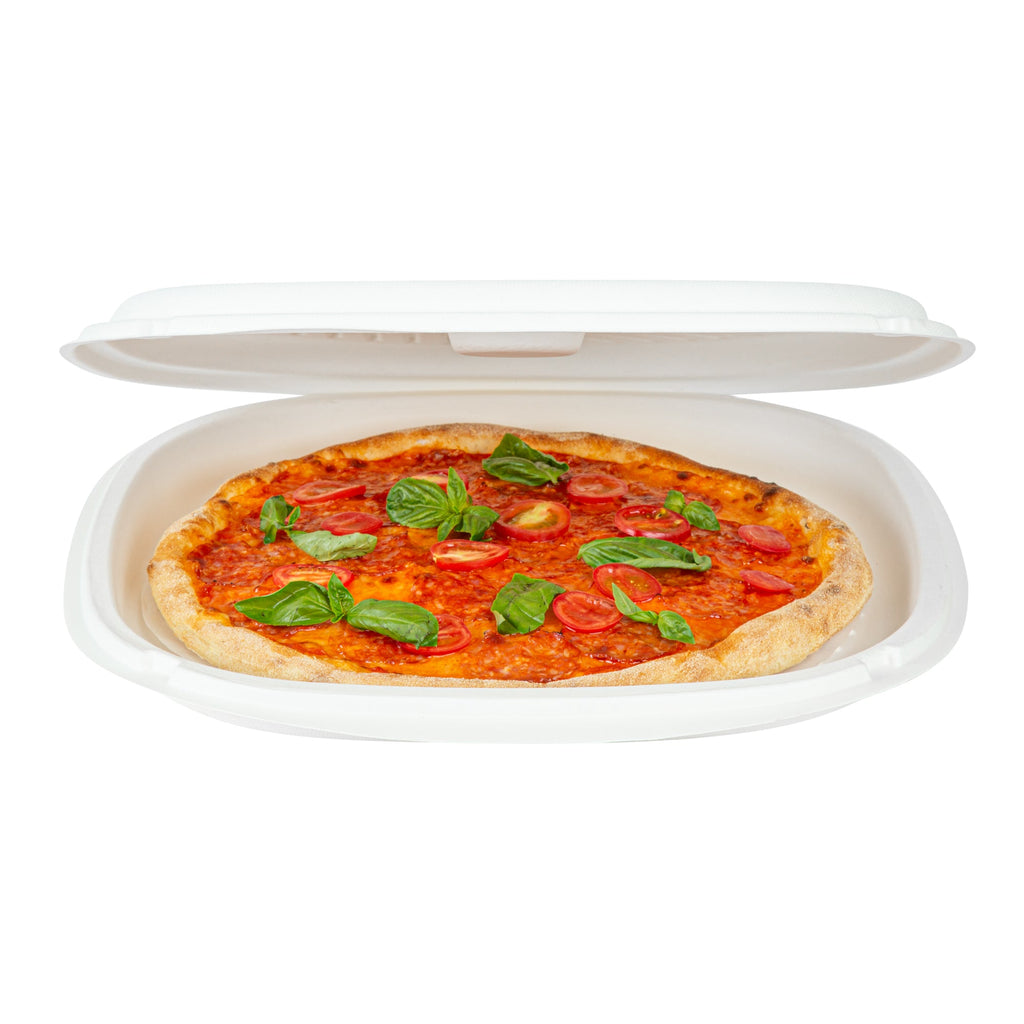 Pulp Safe No PFAS Added White Sugarcane / Bagasse Pizza Box - 13 3/4" x 13 3/4" x 1" - 50 count box