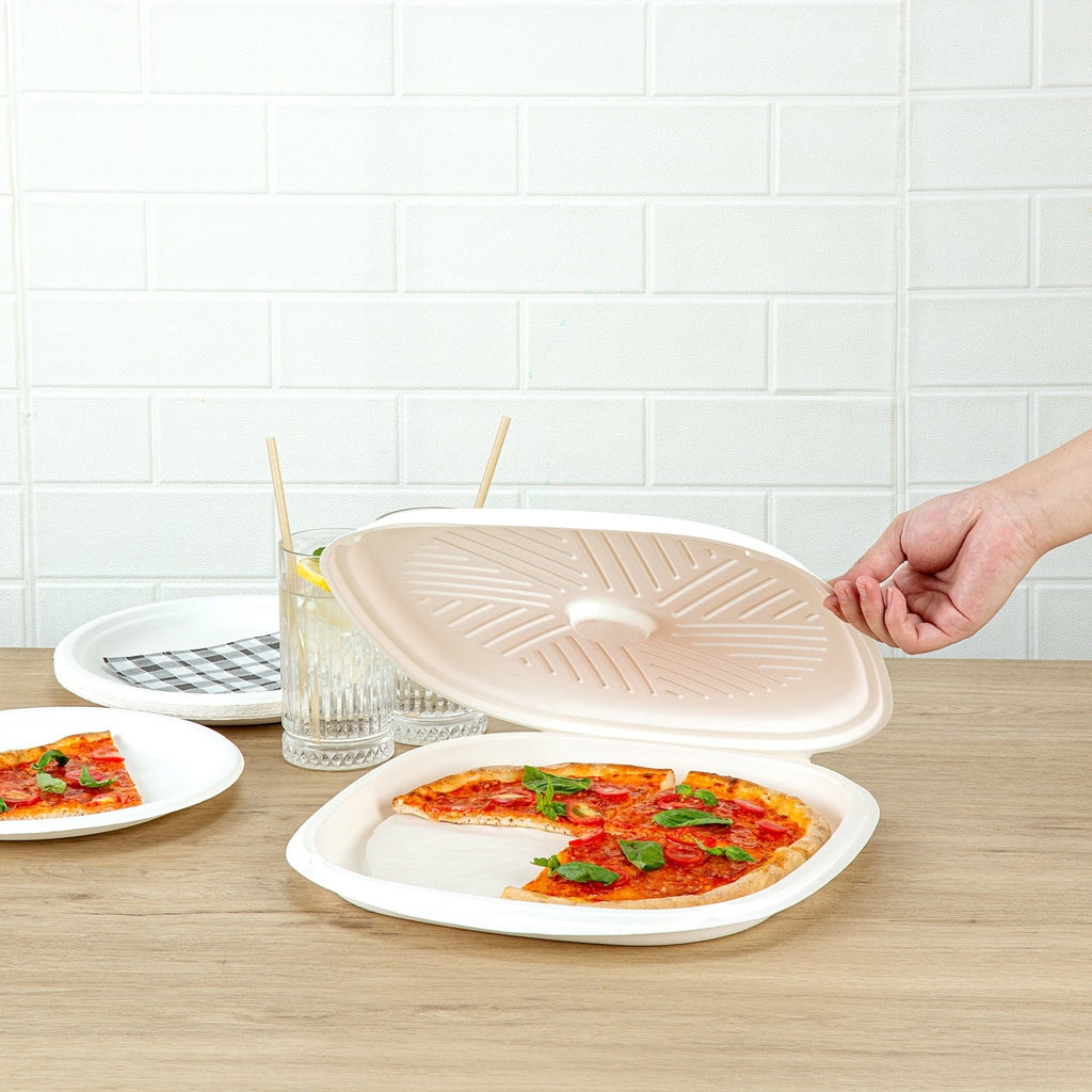 Pulp Safe No PFAS Added White Sugarcane / Bagasse Pizza Box - 13 3/4" x 13 3/4" x 1" - 50 count box