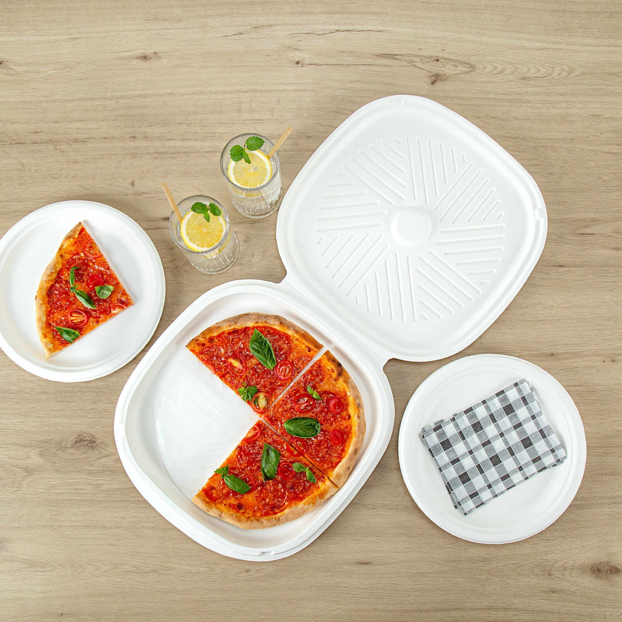 Pulp Safe No PFAS Added White Sugarcane / Bagasse Pizza Box - 13 3/4" x 13 3/4" x 1" - 50 count box