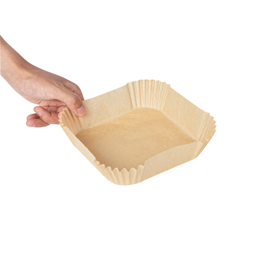 Pastry Tek Square Unbleached Air Fryer Liner / Parchment Paper - Silicone Coated - 6 1/4" x 6 1/4" x 1 3/4" - 100 count box