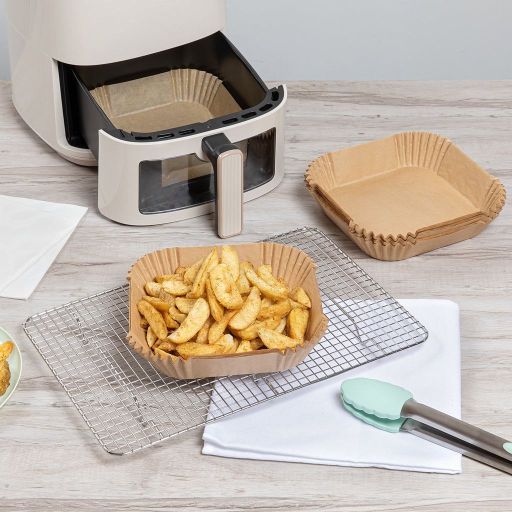 Pastry Tek Square Unbleached Air Fryer Liner / Parchment Paper - Silicone Coated - 6 1/4" x 6 1/4" x 1 3/4" - 100 count box