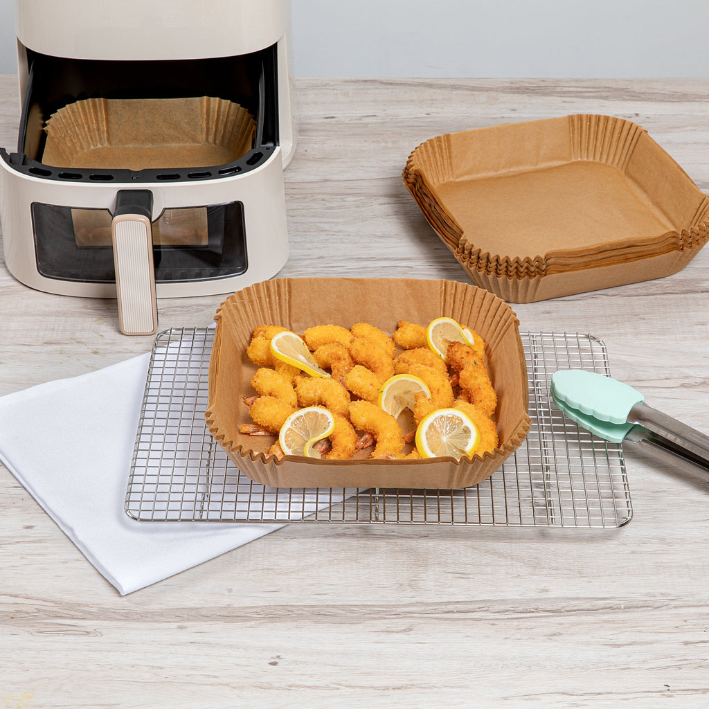 Pastry Tek Square Unbleached Air Fryer Liner / Parchment Paper - Silicone Coated - 8" x 8" x 1 3/4" - 100 count box