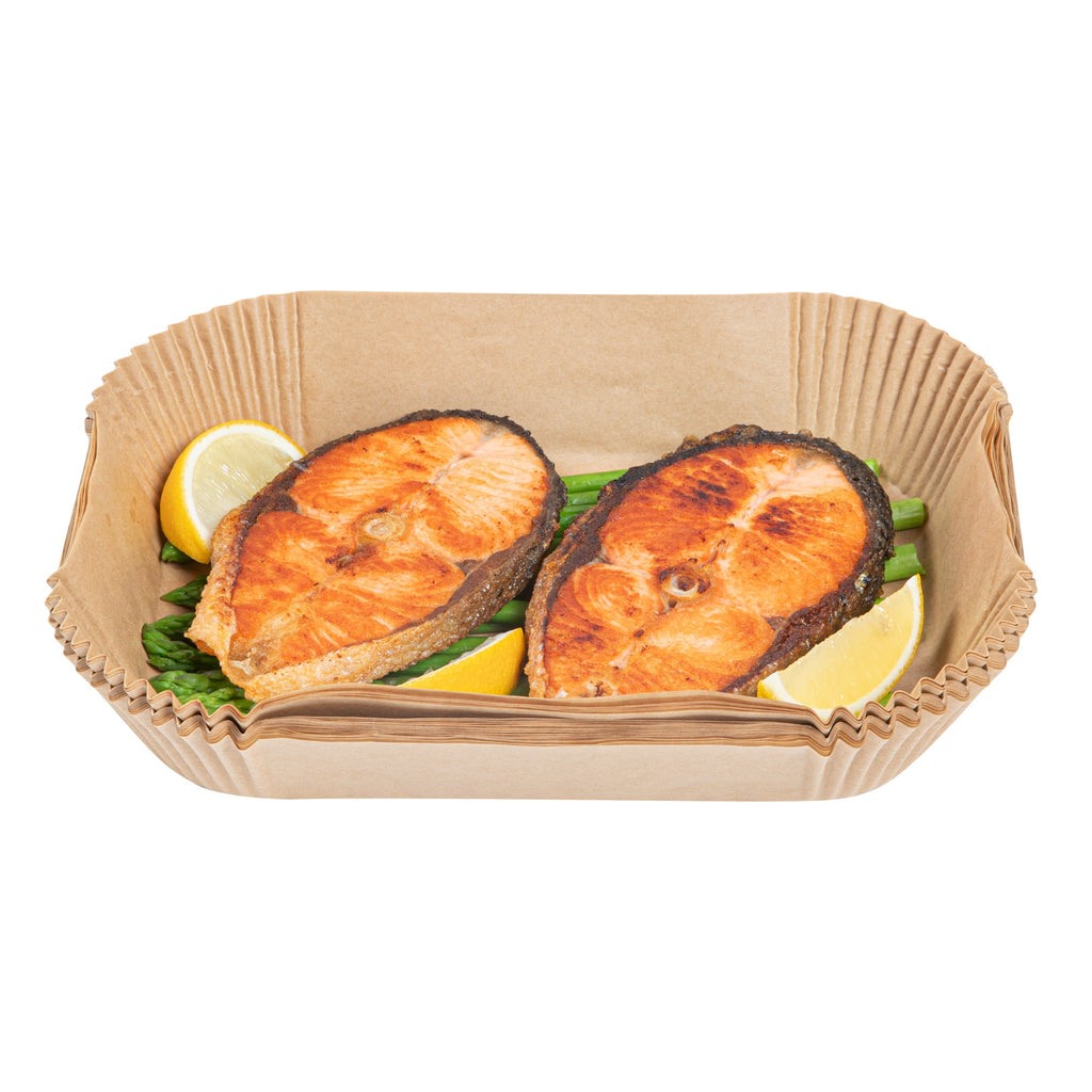 Pastry Tek Rectangle Unbleached Air Fryer Liner / Parchment Paper - Silicone Coated - 8" x 5 1/2" x 1 3/4" - 100 count box