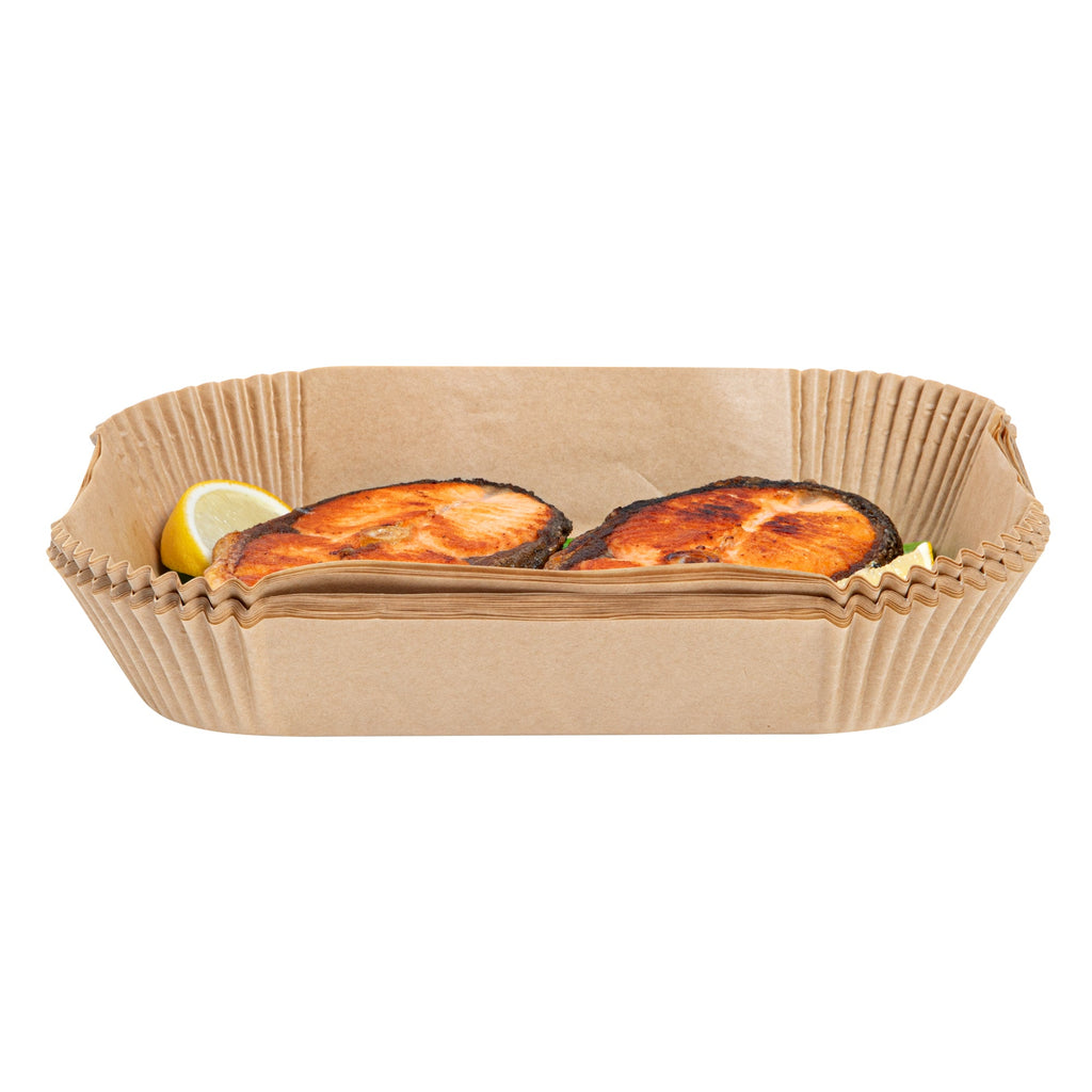 Pastry Tek Rectangle Unbleached Air Fryer Liner / Parchment Paper - Silicone Coated - 8" x 5 1/2" x 1 3/4" - 100 count box