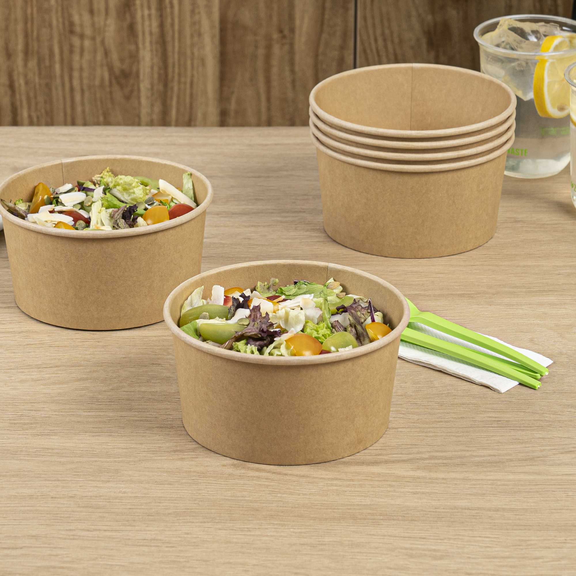 Bio Tek 34 oz Round Kraft Paper Take Out Container - 6" x 6" x 3" - 50 count box