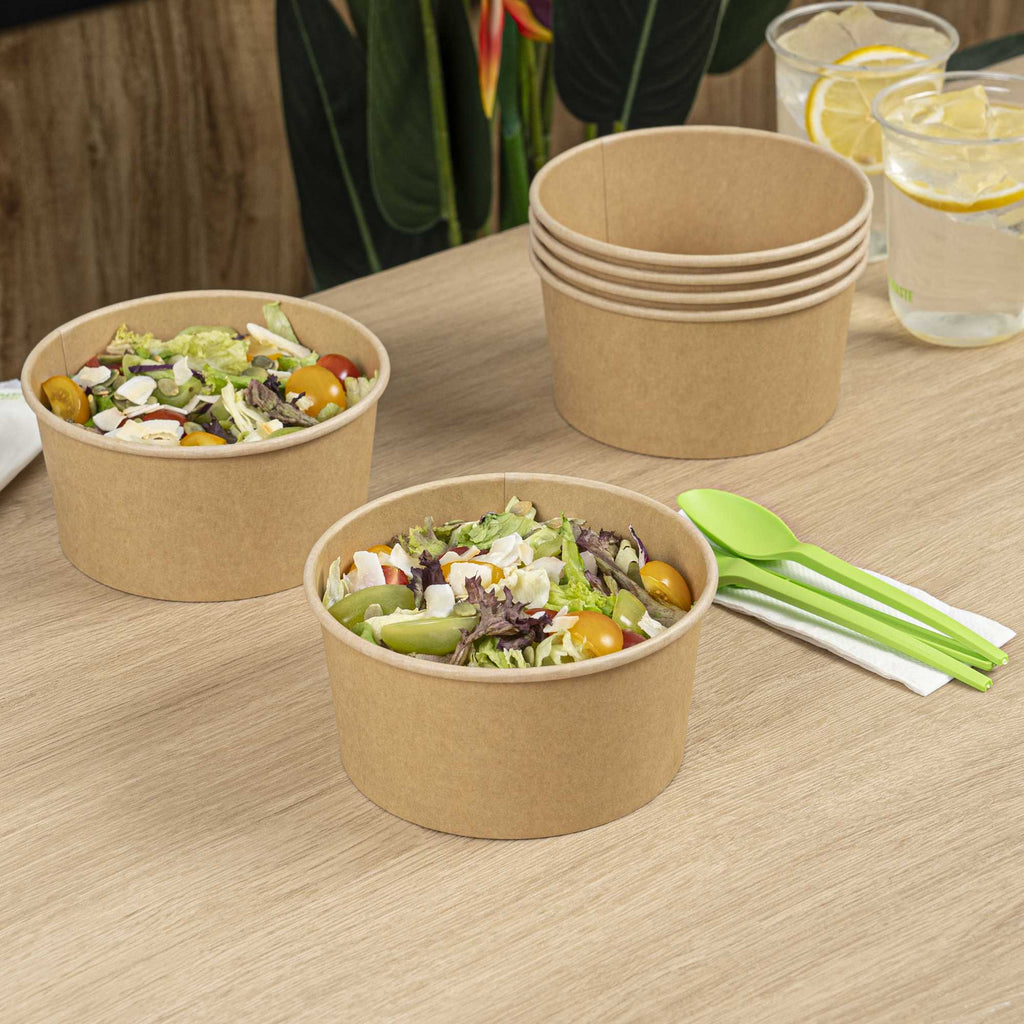 Bio Tek 34 oz Round Kraft Paper Take Out Container - 6" x 6" x 3" - 50 count box