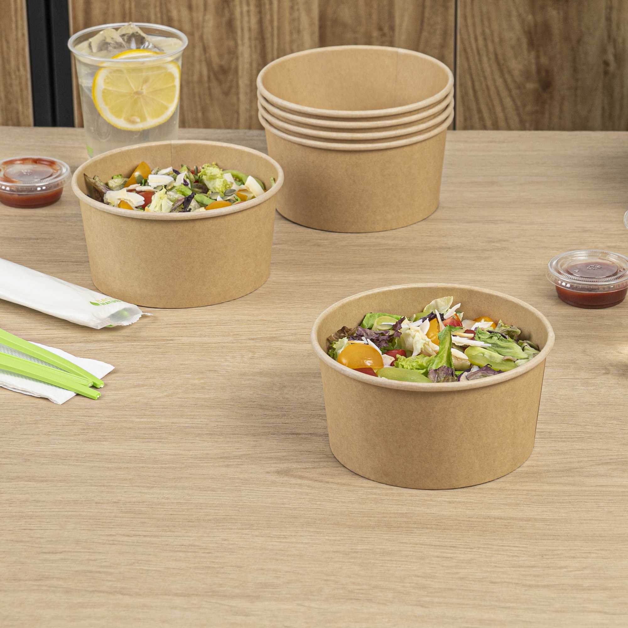 Bio Tek 34 oz Round Kraft Paper Take Out Container - 6" x 6" x 3" - 50 count box