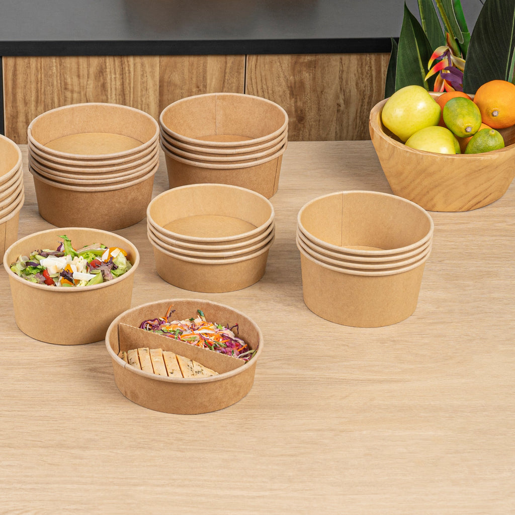 Bio Tek 34 oz Round Kraft Paper Take Out Container - 6" x 6" x 3" - 200 count box