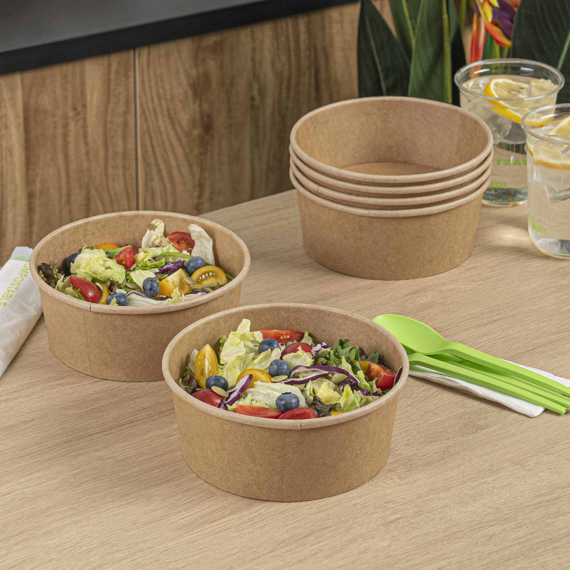 Bio Tek 37 oz Round Kraft Paper Take Out Container - 6 1/2" x 6 1/2" x 2 1/2" - 50 count box