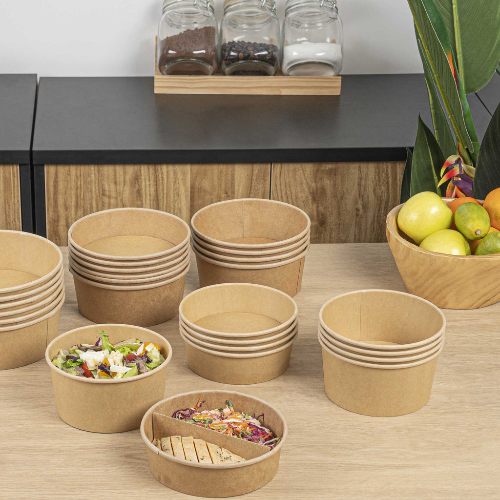 Bio Tek 37 oz Round Kraft Paper Take Out Container - 6 1/2" x 6 1/2" x 2 1/2" - 50 count box