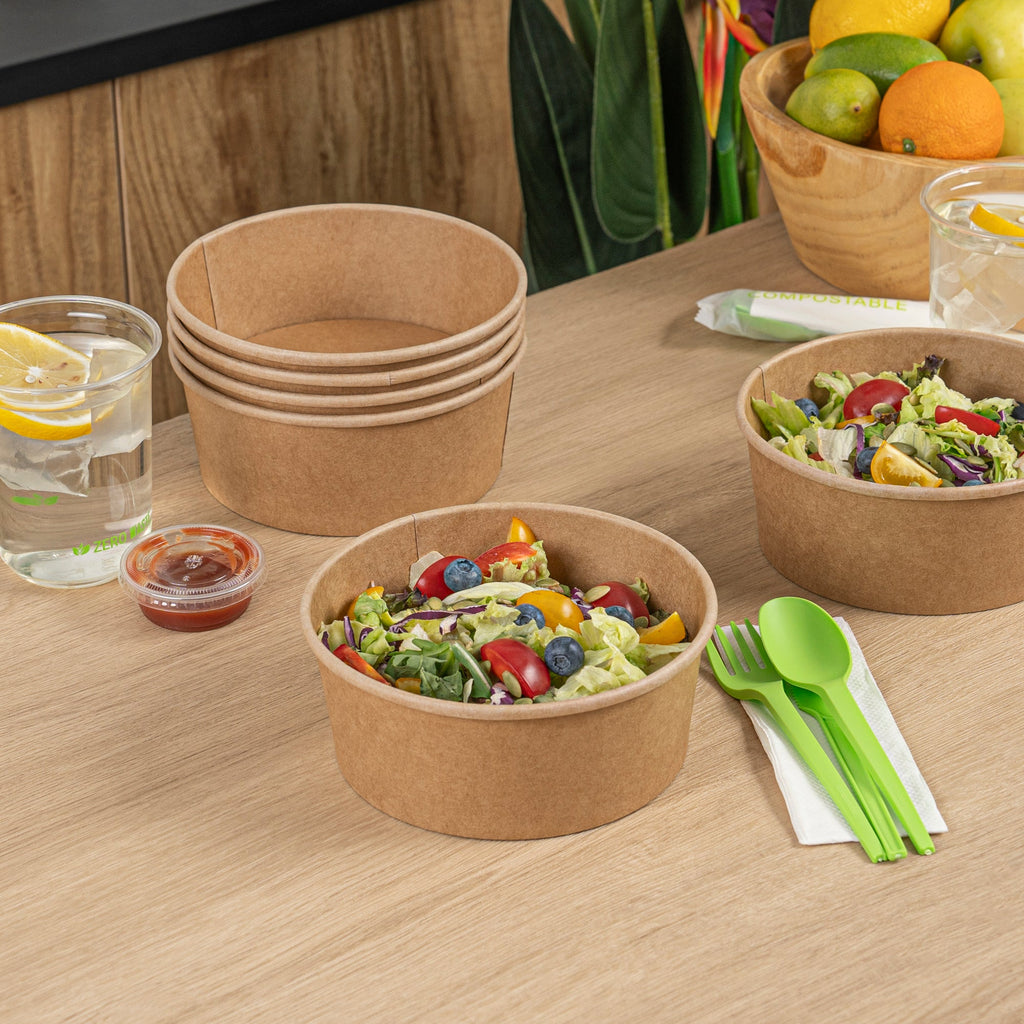 Bio Tek 37 oz Round Kraft Paper Take Out Container - 6 1/2" x 6 1/2" x 2 1/2" - 200 count box