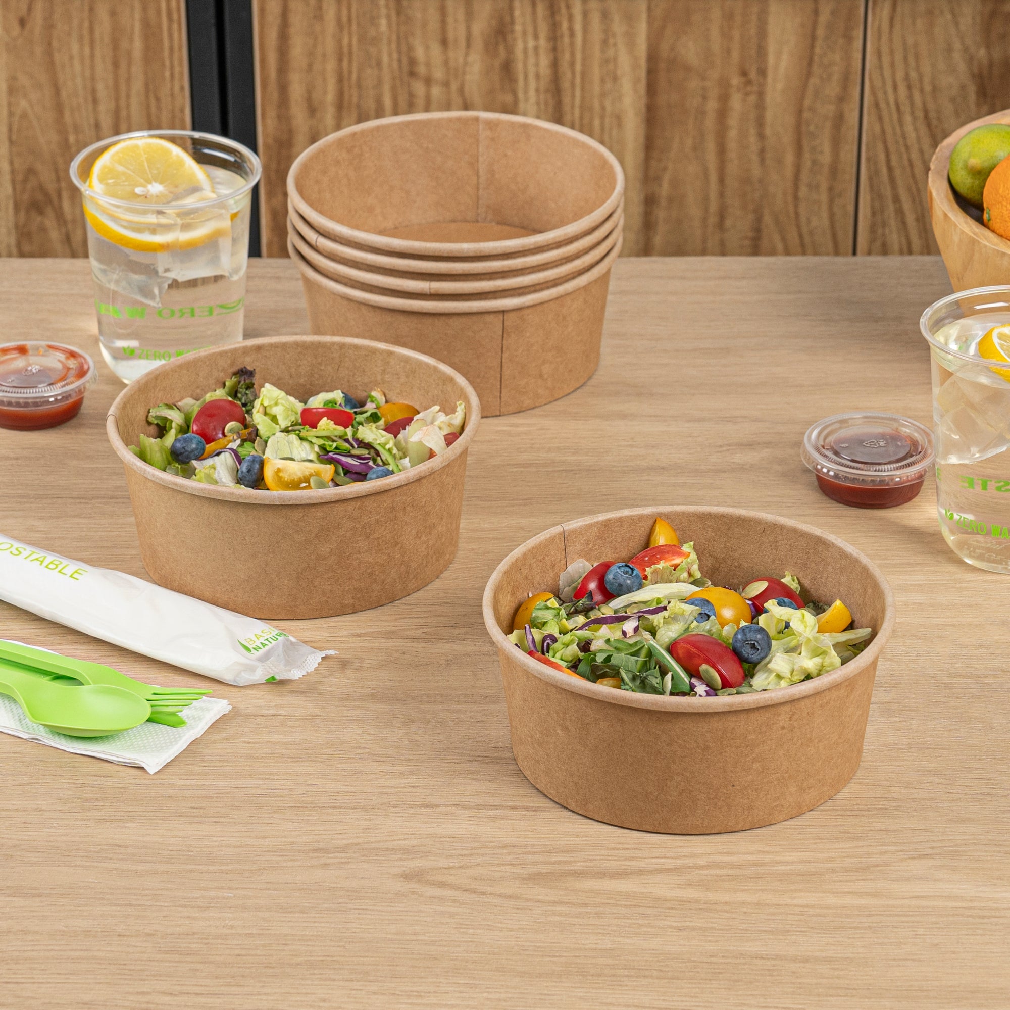 Bio Tek 37 oz Round Kraft Paper Take Out Container - 6 1/2" x 6 1/2" x 2 1/2" - 200 count box