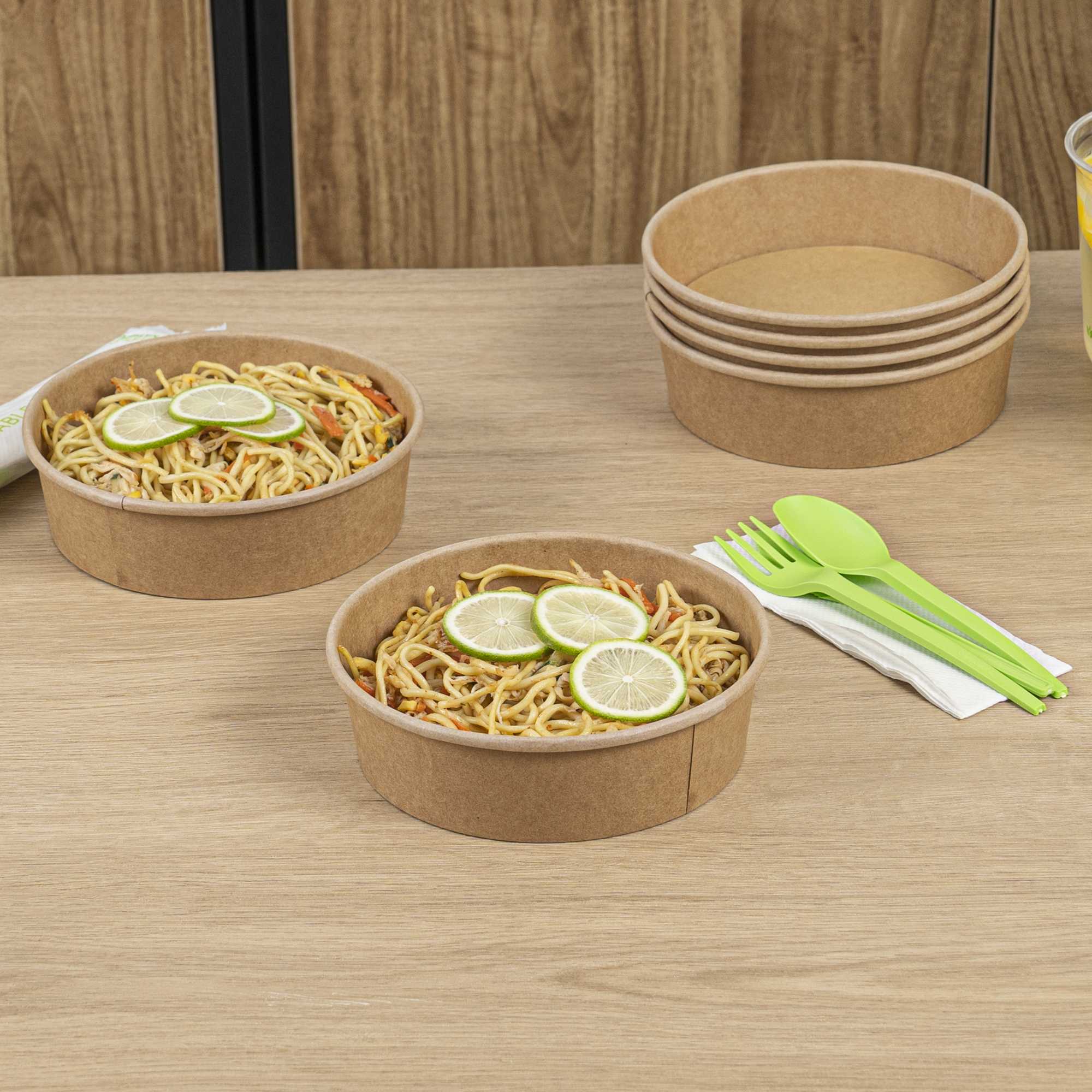 Bio Tek 22 oz Round Kraft Paper Take Out Container - 6 1/2" x 6 1/2" x 1 3/4" - 50 count box
