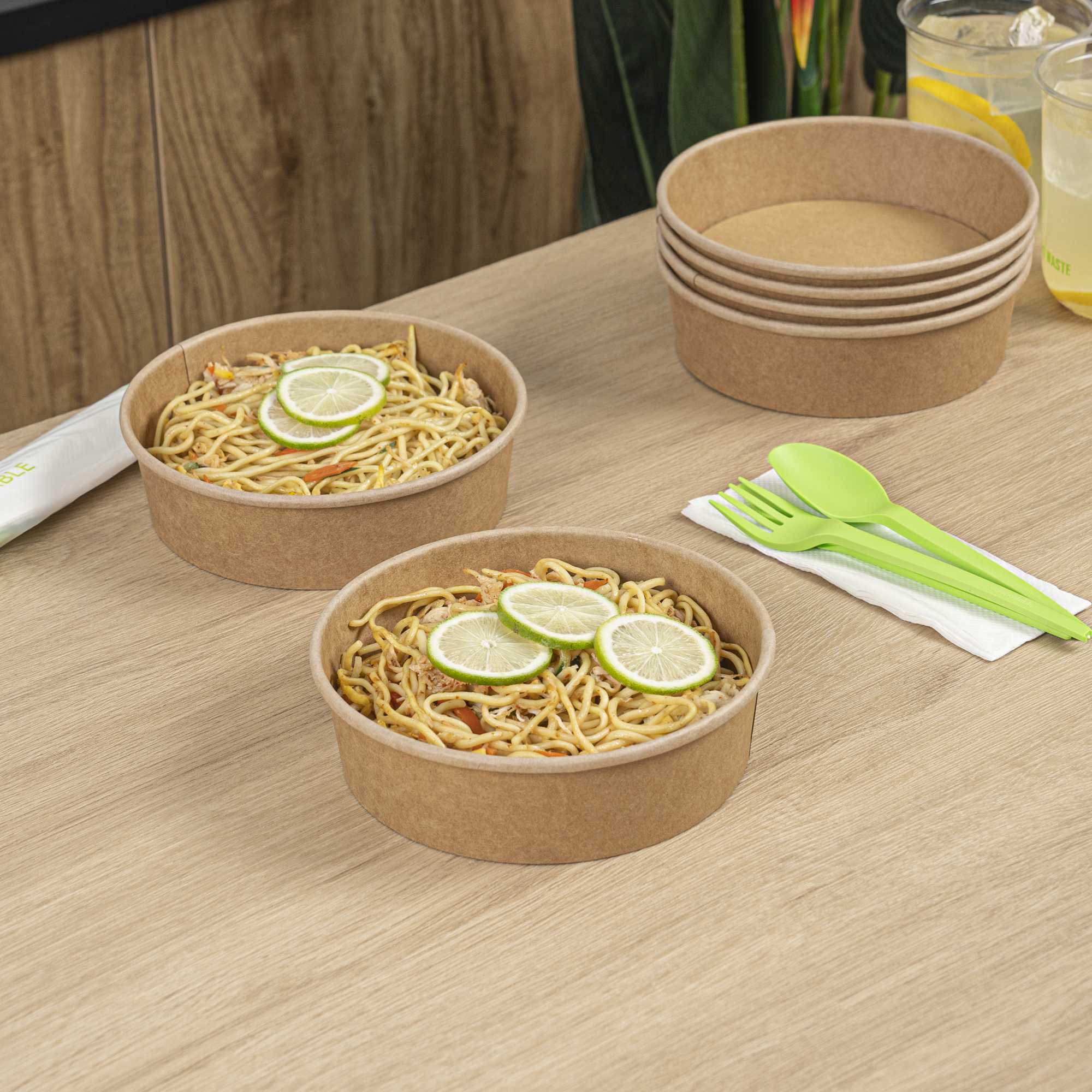Bio Tek 22 oz Round Kraft Paper Take Out Container - 6 1/2" x 6 1/2" x 1 3/4" - 50 count box