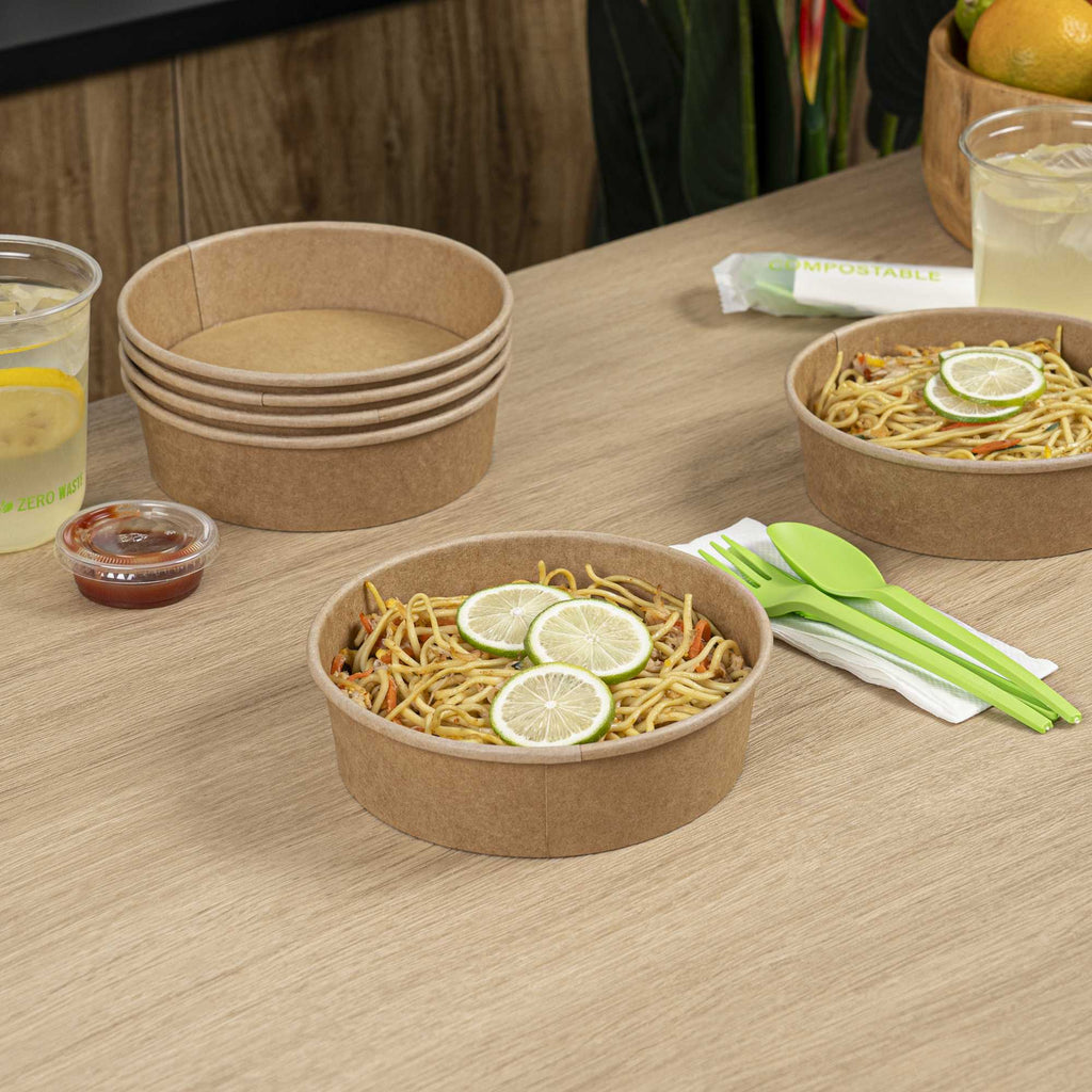 Bio Tek 22 oz Round Kraft Paper Take Out Container - 6 1/2" x 6 1/2" x 1 3/4" - 50 count box