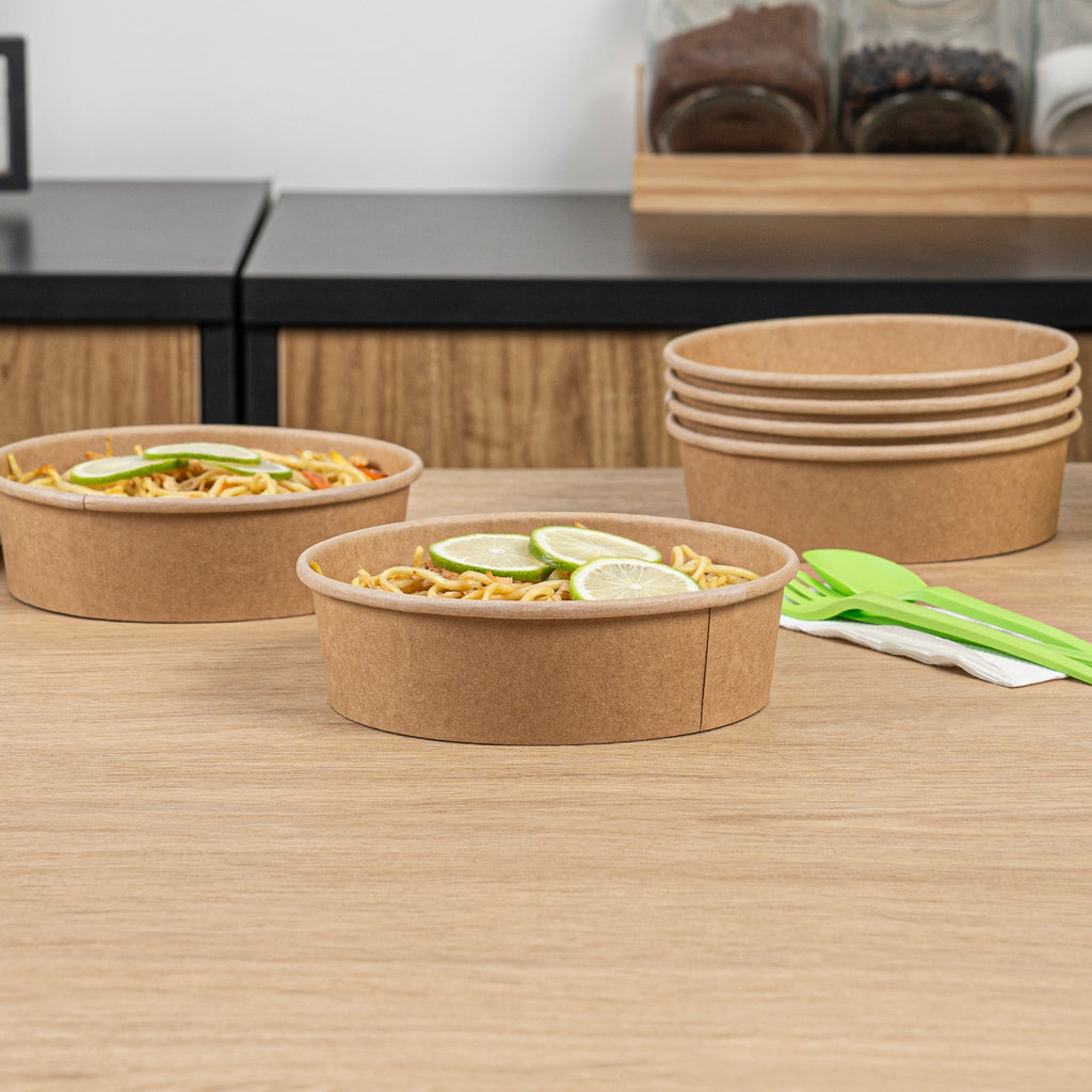 Bio Tek 22 oz Round Kraft Paper Take Out Container - 6 1/2" x 6 1/2" x 1 3/4" - 200 count box