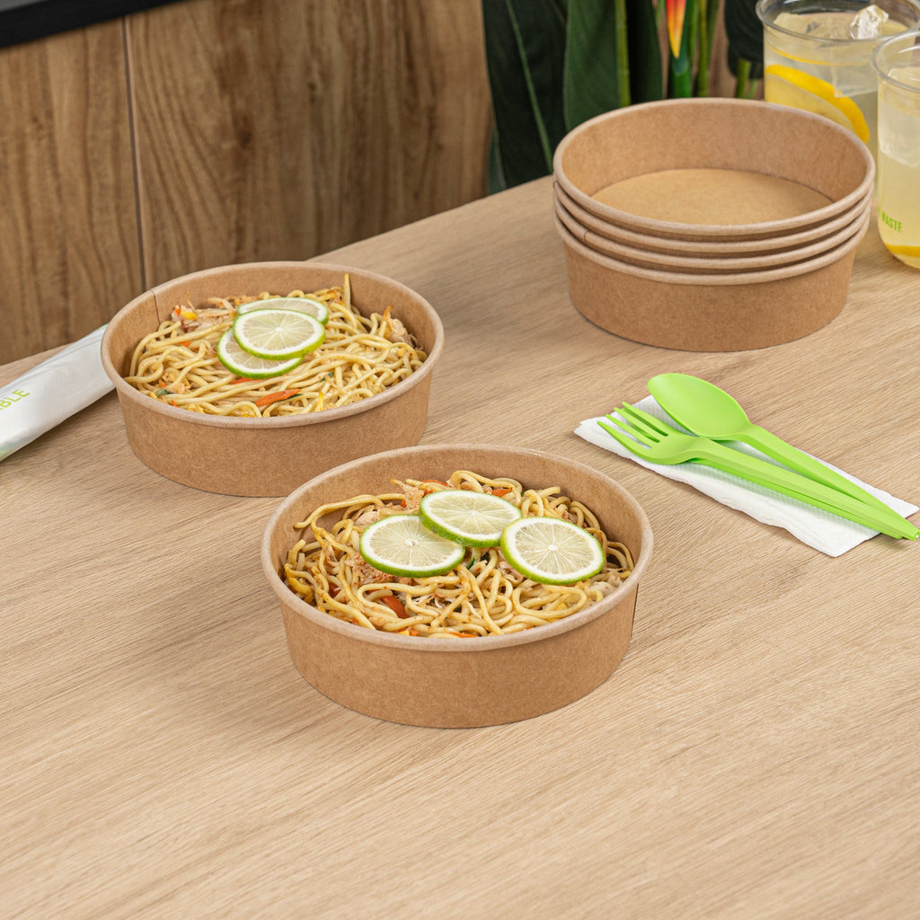 Bio Tek 22 oz Round Kraft Paper Take Out Container - 6 1/2" x 6 1/2" x 1 3/4" - 200 count box