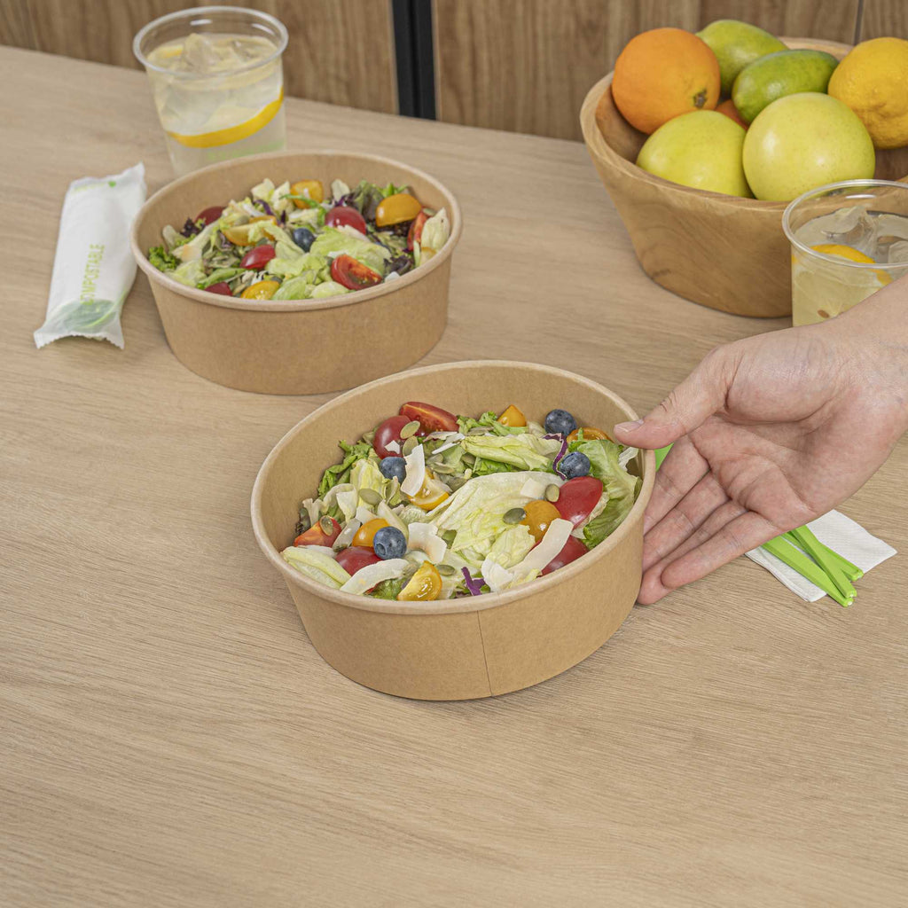 Bio Tek 45 oz Round Kraft Paper Take Out Container - 7 1/4" x 7 1/4" x 2 1/2" - 50 count box