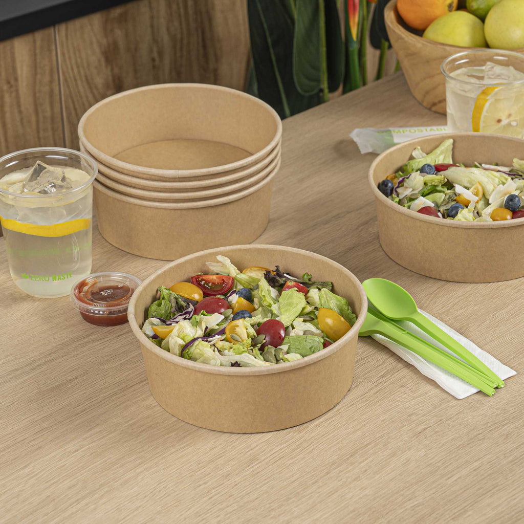 Bio Tek 45 oz Round Kraft Paper Take Out Container - 7 1/4" x 7 1/4" x 2 1/2" - 50 count box