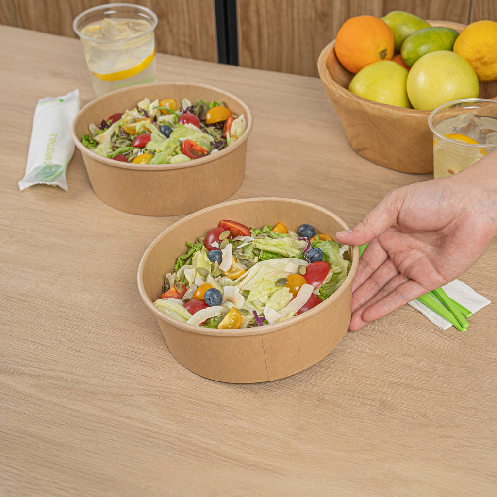Bio Tek 45 oz Round Kraft Paper Take Out Container - 7 1/4" x 7 1/4" x 2 1/2" - 200 count box