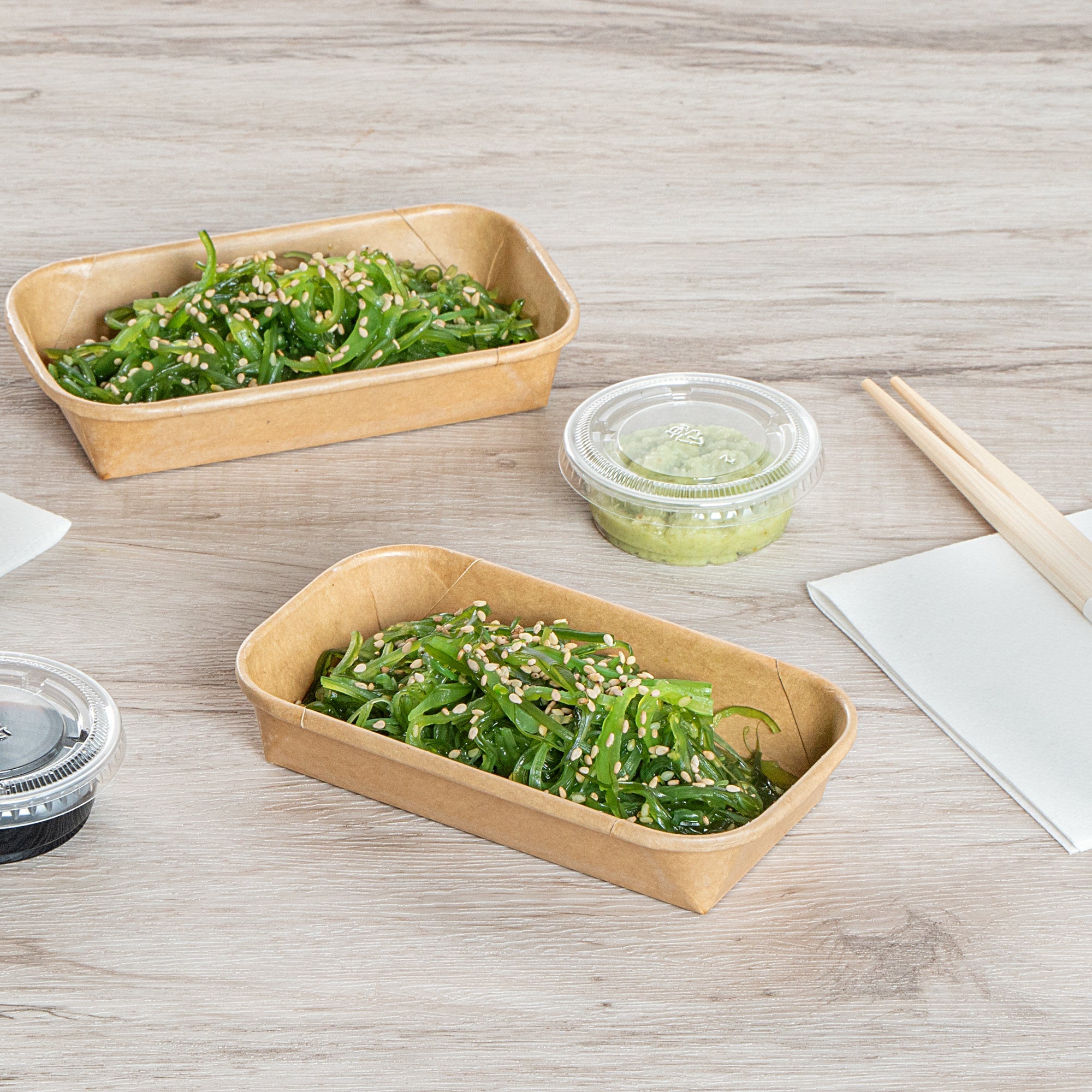 Matsuri Vision 5 oz Rectangle Kraft Paper Sushi Container - 5 1/2" x 3 1/4" x 1" - 100 count box