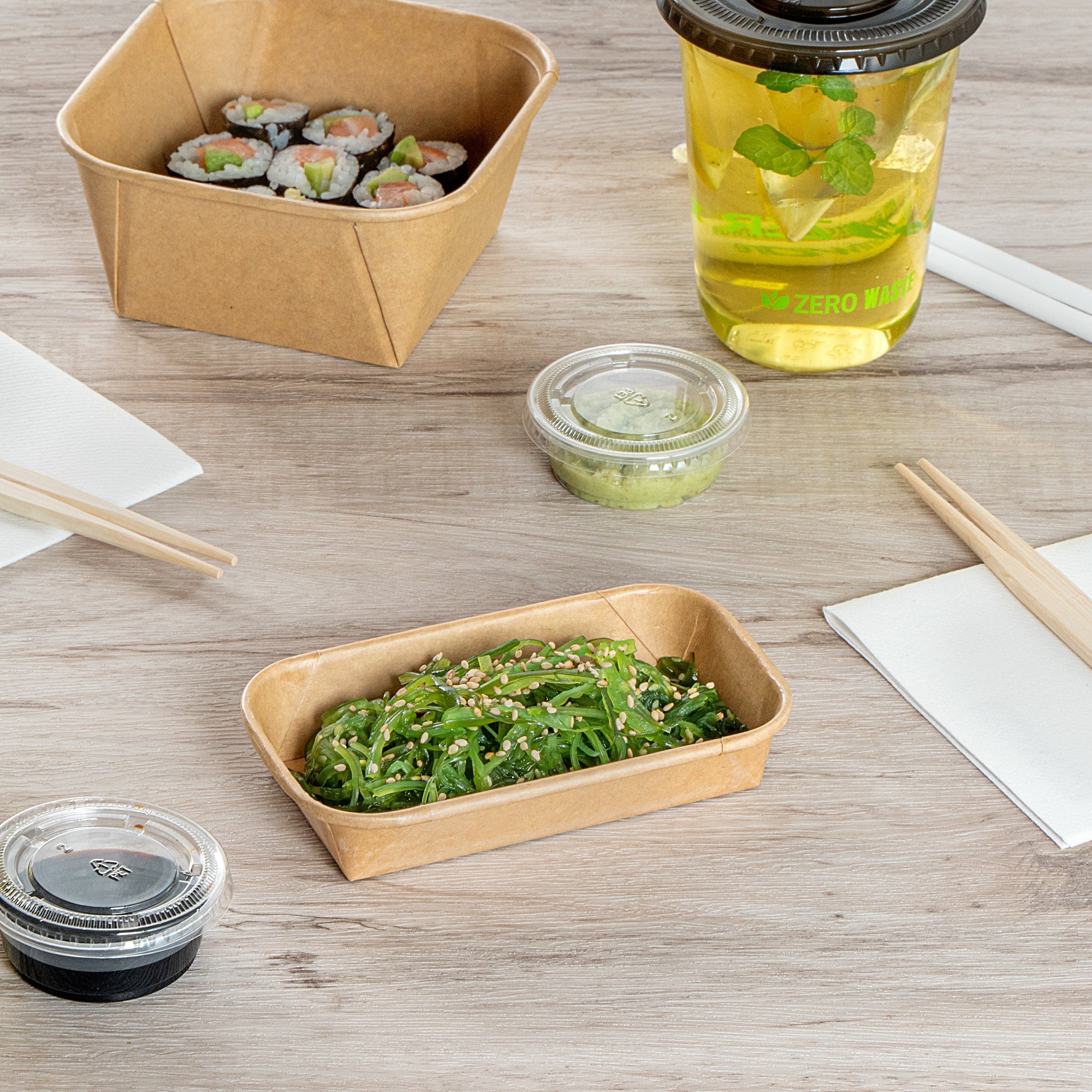 Matsuri Vision 5 oz Rectangle Kraft Paper Sushi Container - 5 1/2" x 3 1/4" x 1" - 50 count box