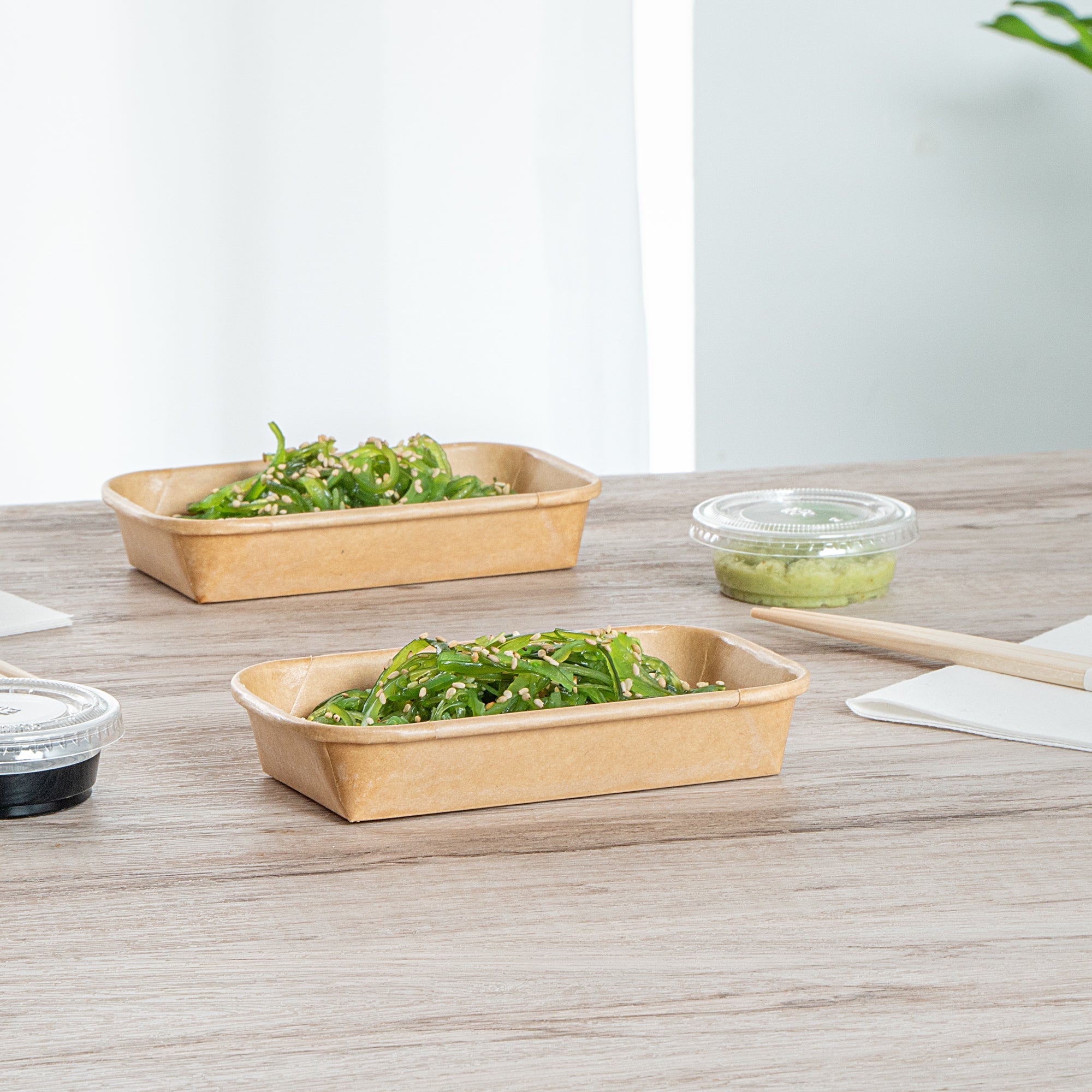 Matsuri Vision 5 oz Rectangle Kraft Paper Sushi Container - 5 1/2" x 3 1/4" x 1" - 50 count box