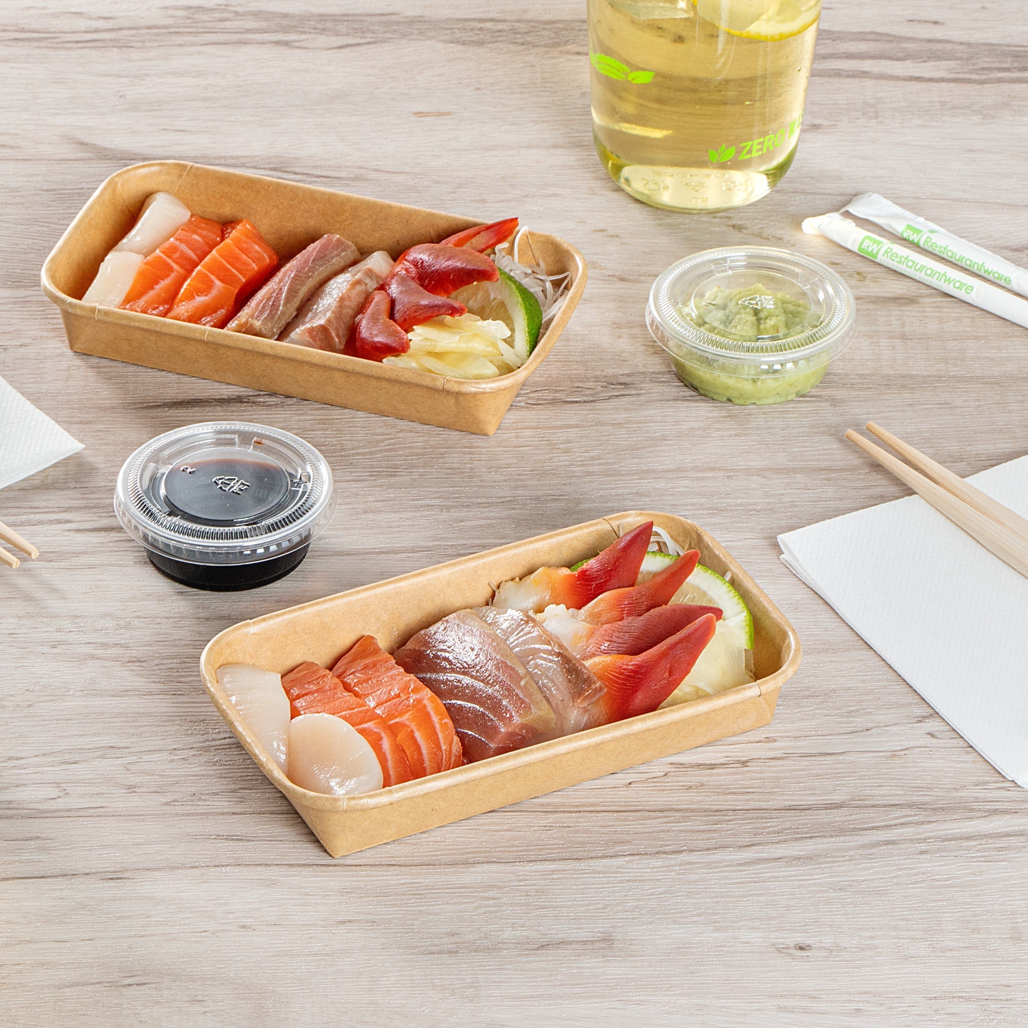 Matsuri Vision 6 oz Rectangle Kraft Paper Sushi Container - 6 1/4" x 3 1/2" x 1" - 50 count box