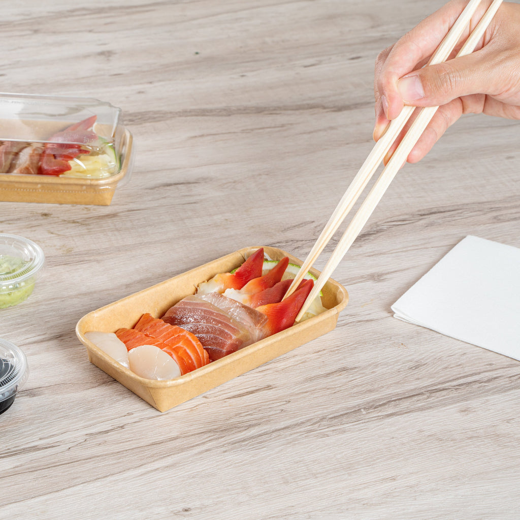 Matsuri Vision 6 oz Rectangle Kraft Paper Sushi Container - 6 1/4" x 3 1/2" x 1" - 50 count box