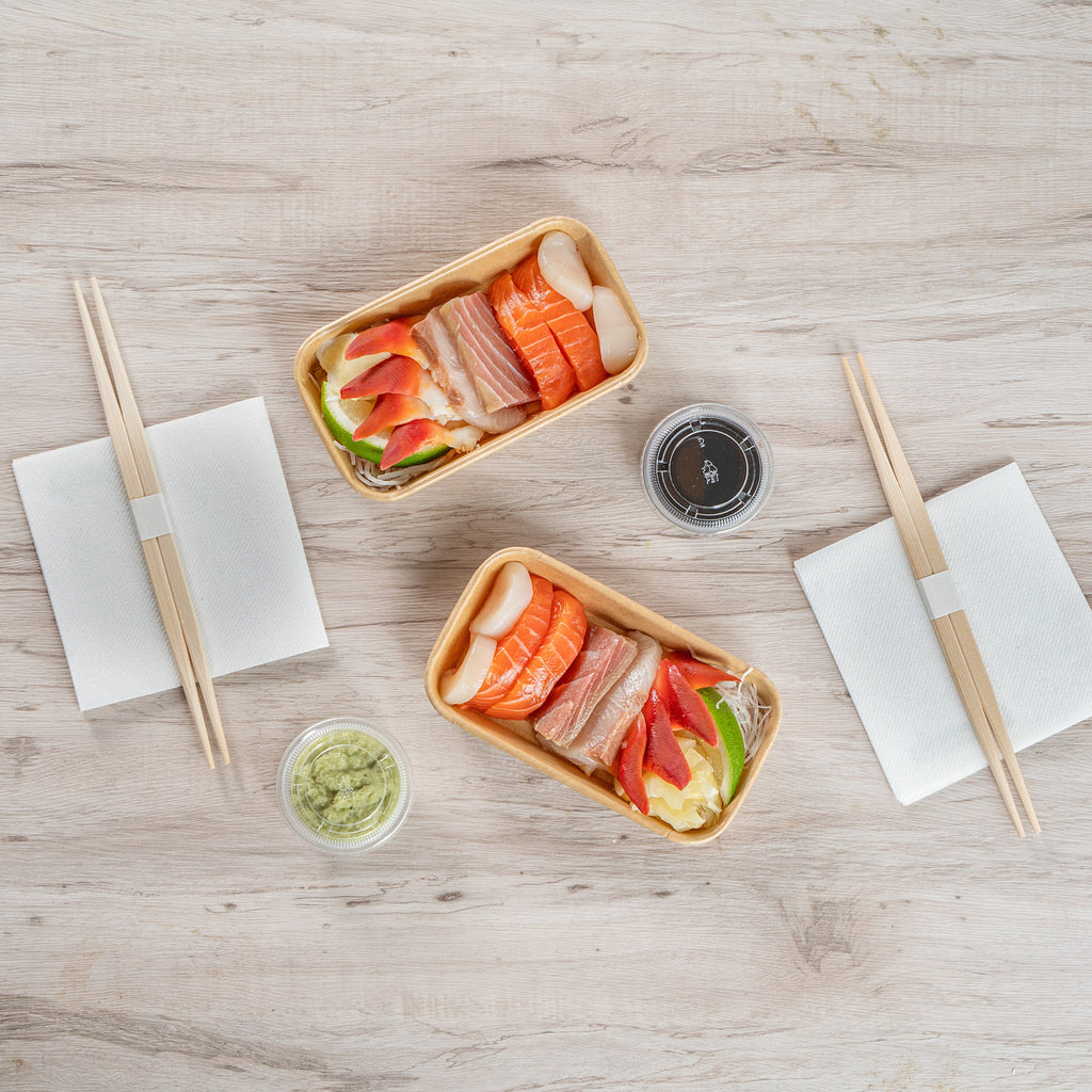 Matsuri Vision 6 oz Rectangle Kraft Paper Sushi Container - 6 1/4" x 3 1/2" x 1" - 100 count box