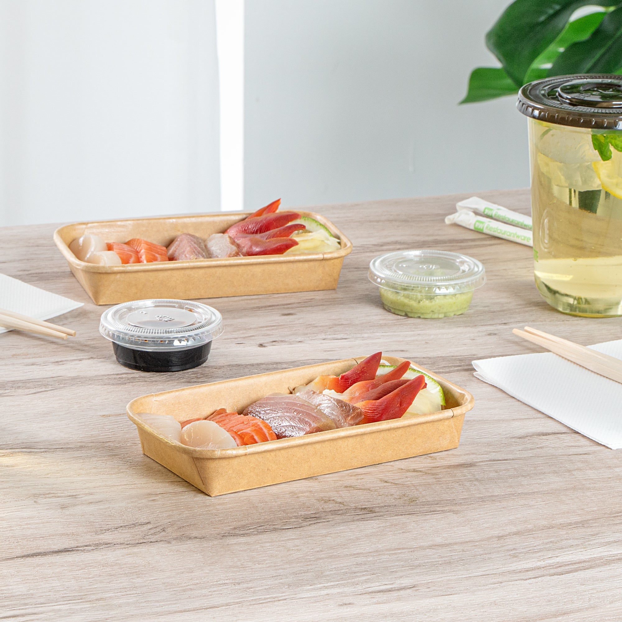 Matsuri Vision 6 oz Rectangle Kraft Paper Sushi Container - 6 1/4" x 3 1/2" x 1" - 100 count box