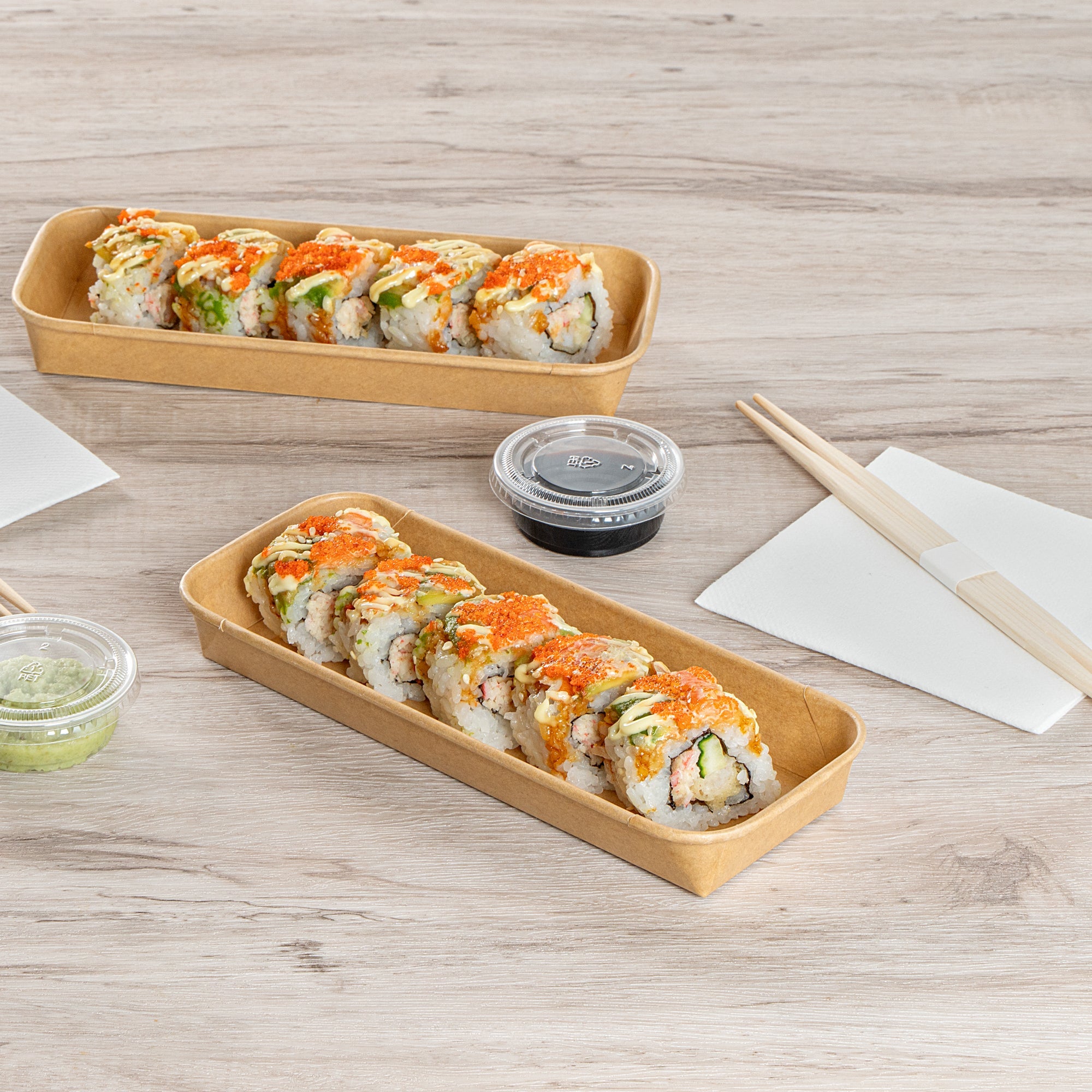 Matsuri Vision 10 oz Rectangle Kraft Paper Sushi Container - 8 3/4" x 3 1/2" x 1" - 50 count box