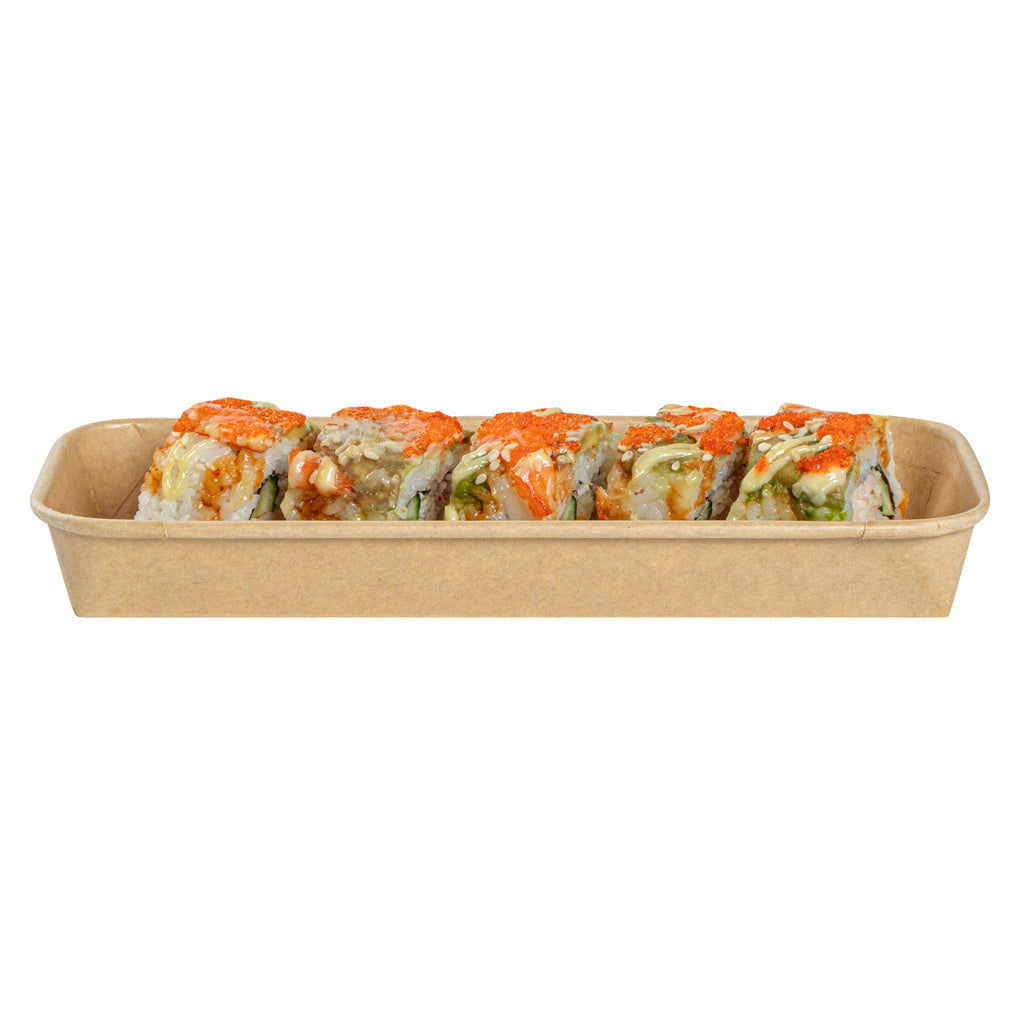 Matsuri Vision 10 oz Rectangle Kraft Paper Sushi Container - 8 3/4" x 3 1/2" x 1" - 50 count box