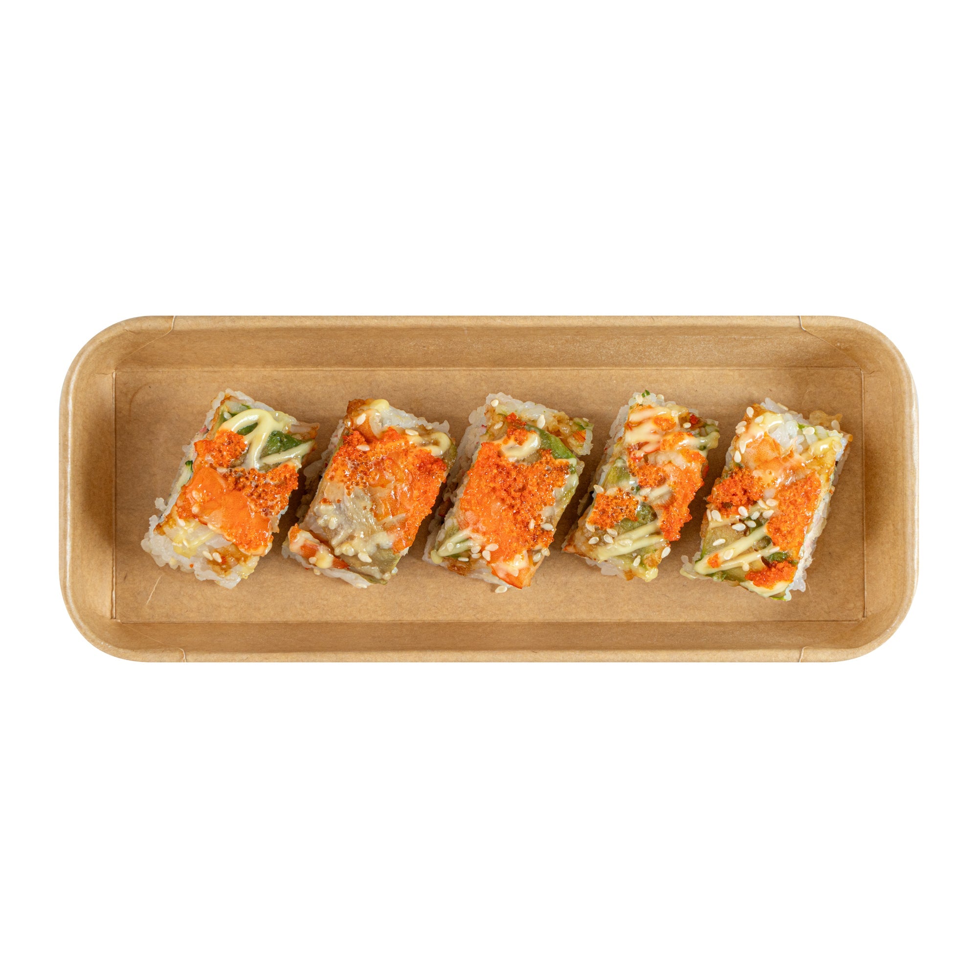 Matsuri Vision 10 oz Rectangle Kraft Paper Sushi Container - 8 3/4" x 3 1/2" x 1" - 50 count box