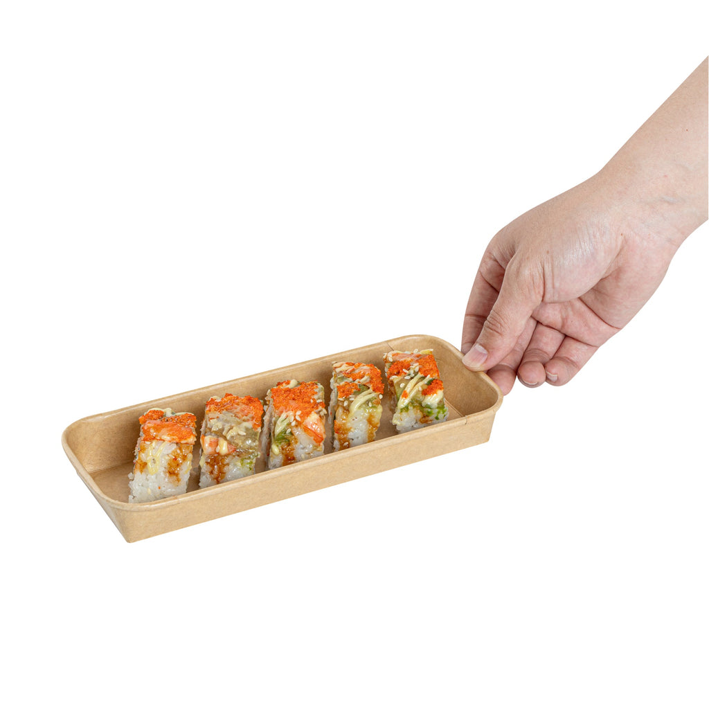 Matsuri Vision 10 oz Rectangle Kraft Paper Sushi Container - 8 3/4" x 3 1/2" x 1" - 50 count box