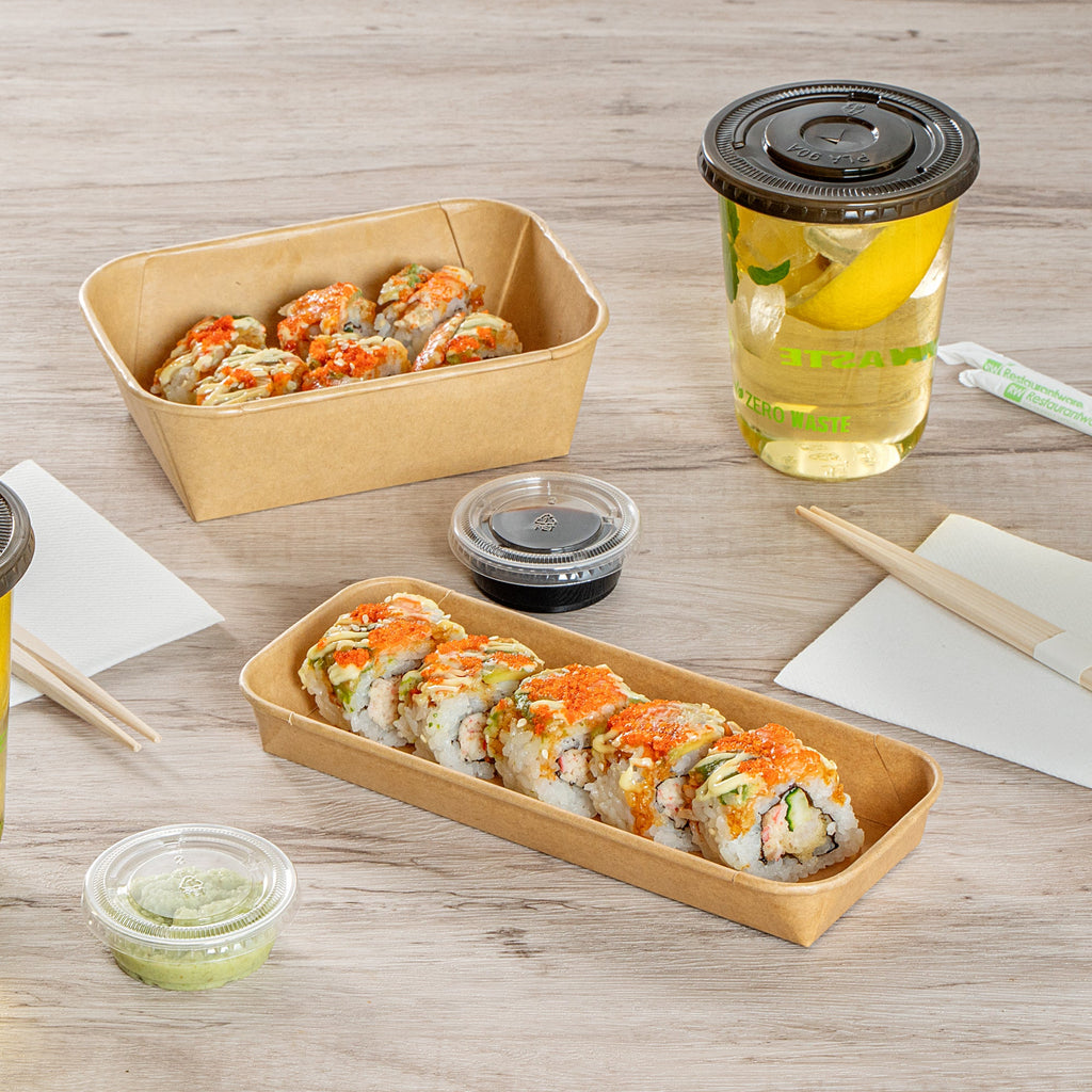 Matsuri Vision 10 oz Rectangle Kraft Paper Sushi Container - 8 3/4" x 3 1/2" x 1" - 50 count box