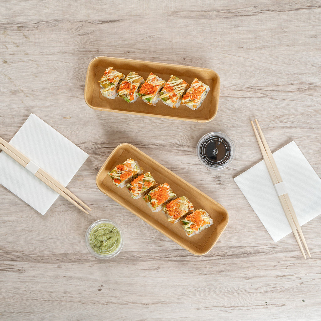 Matsuri Vision 10 oz Rectangle Kraft Paper Sushi Container - 8 3/4" x 3 1/2" x 1" - 50 count box