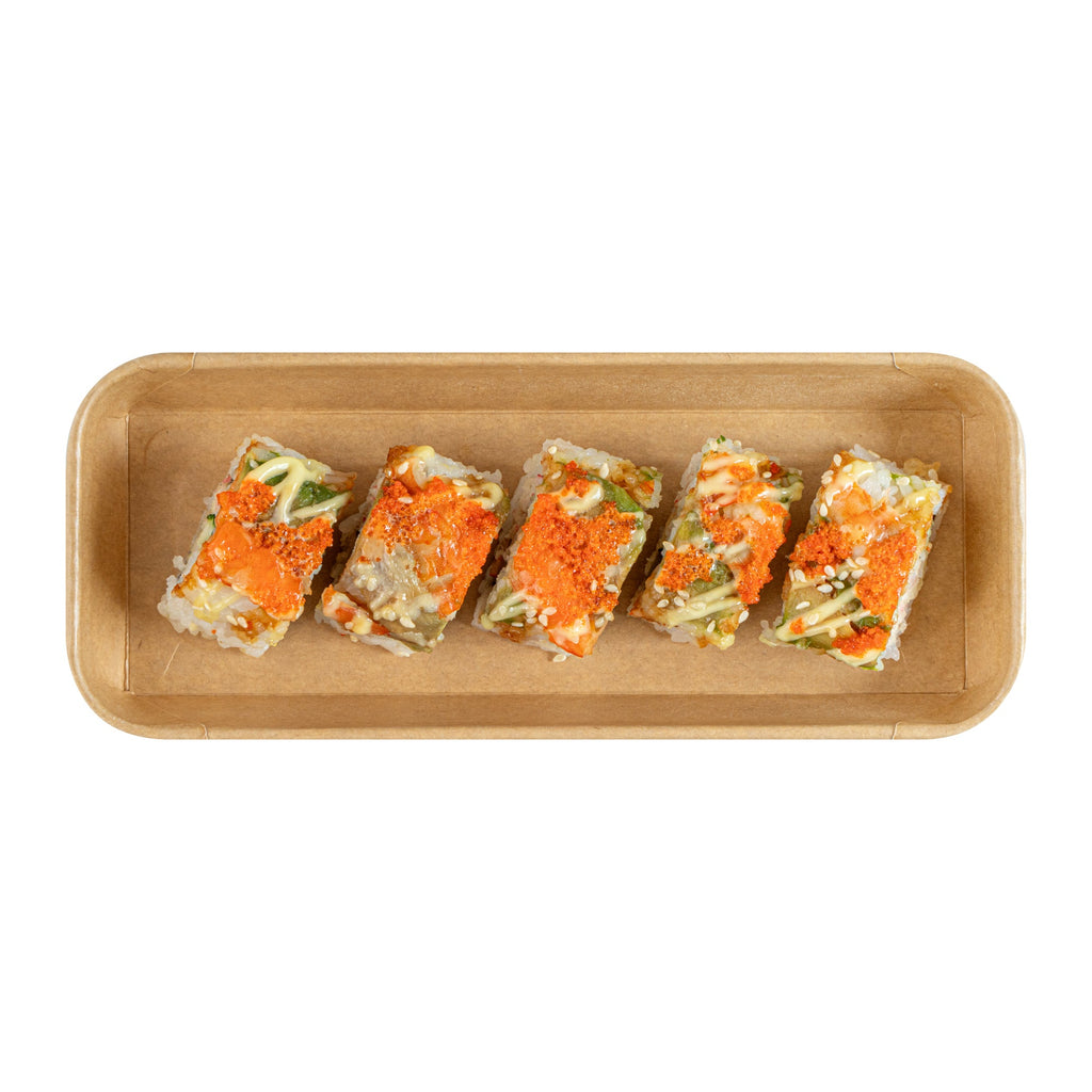 Matsuri Vision 10 oz Rectangle Kraft Paper Sushi Container - 8 3/4" x 3 1/2" x 1" - 100 count box