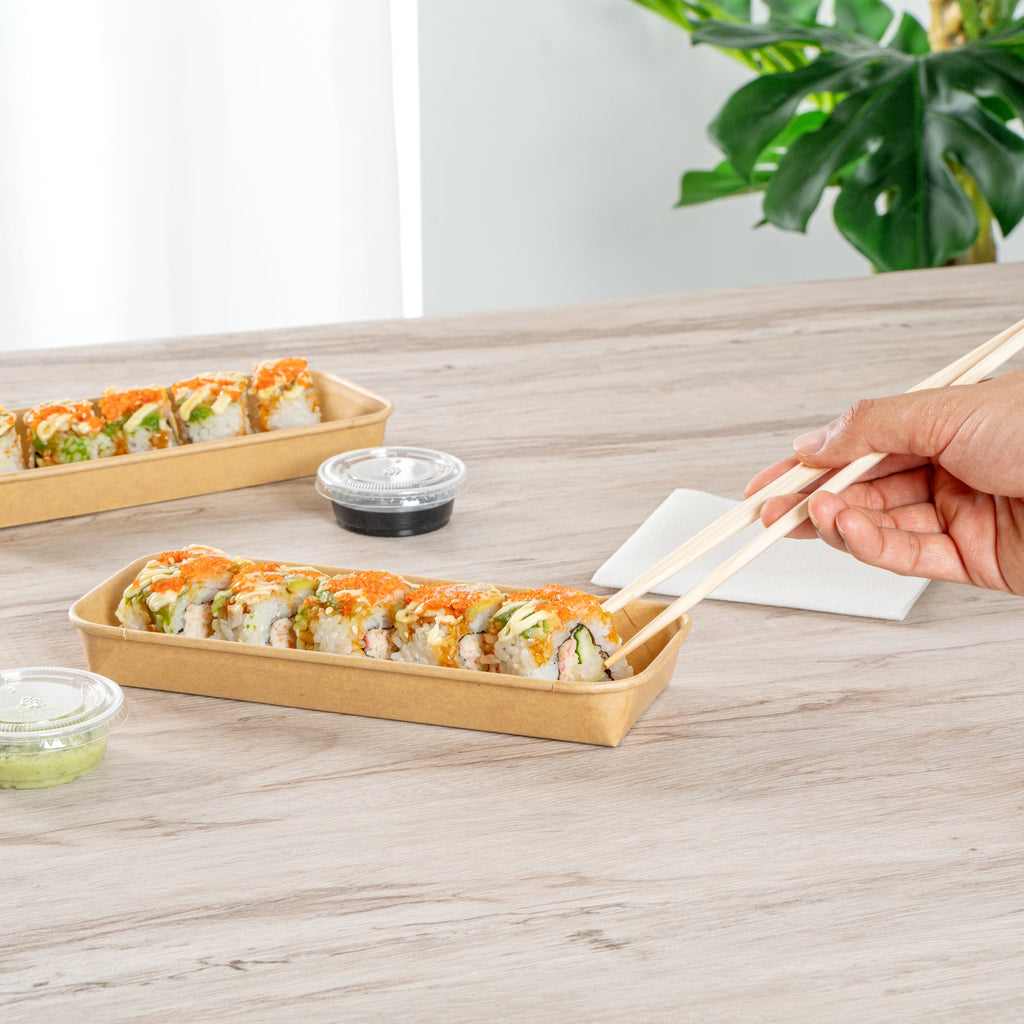 Matsuri Vision 10 oz Rectangle Kraft Paper Sushi Container - 8 3/4" x 3 1/2" x 1" - 100 count box