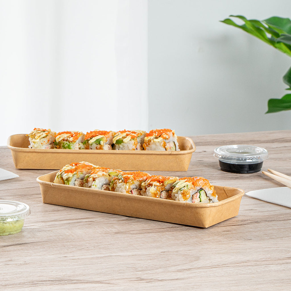 Matsuri Vision 10 oz Rectangle Kraft Paper Sushi Container - 8 3/4" x 3 1/2" x 1" - 100 count box