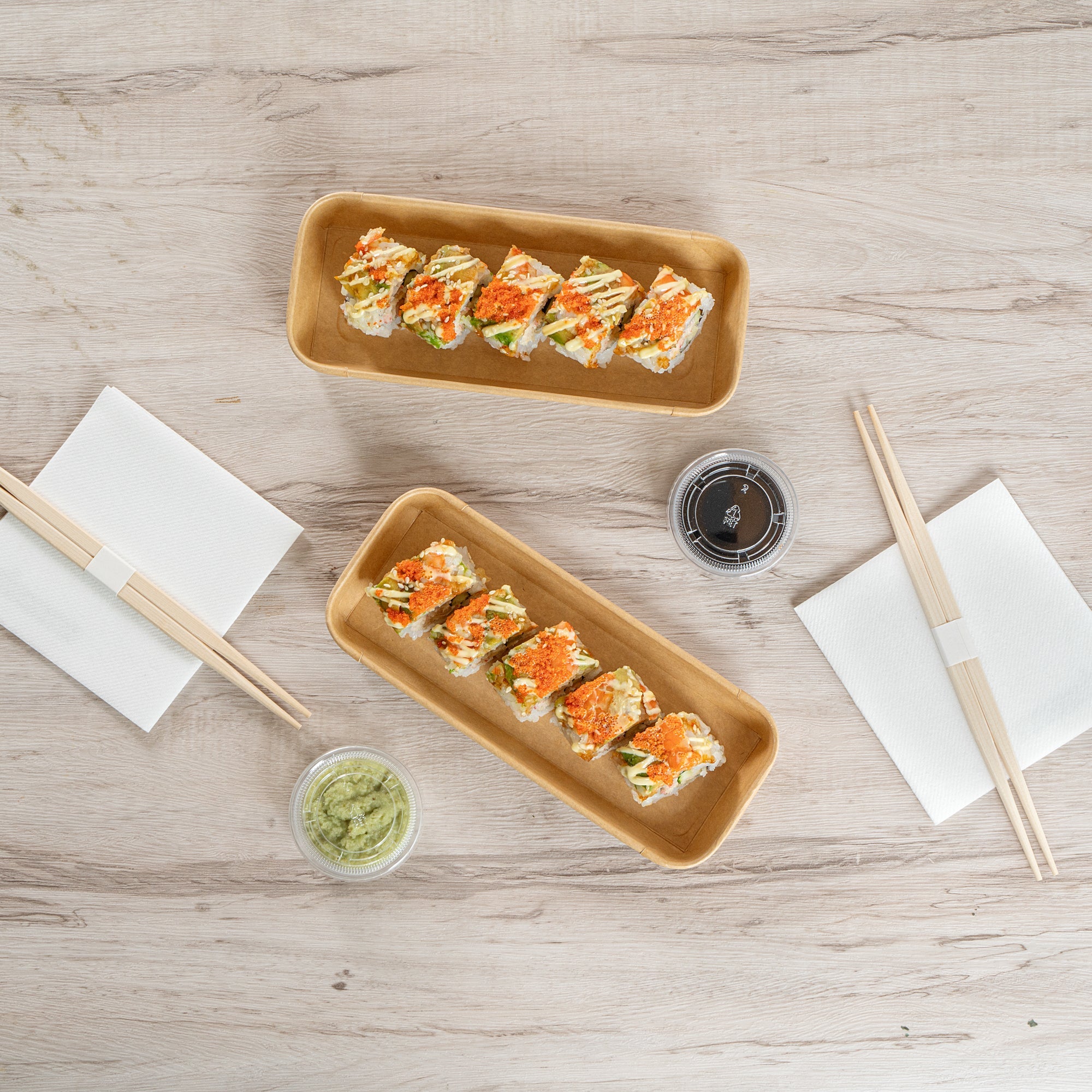 Matsuri Vision 10 oz Rectangle Kraft Paper Sushi Container - 8 3/4" x 3 1/2" x 1" - 100 count box